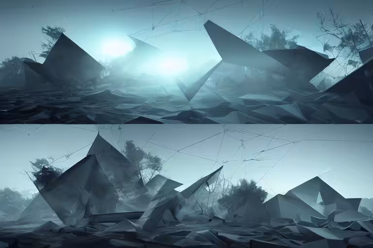 The metamorphosis of shapes in a neural world. digital illustration, parallax, quantum representations.
