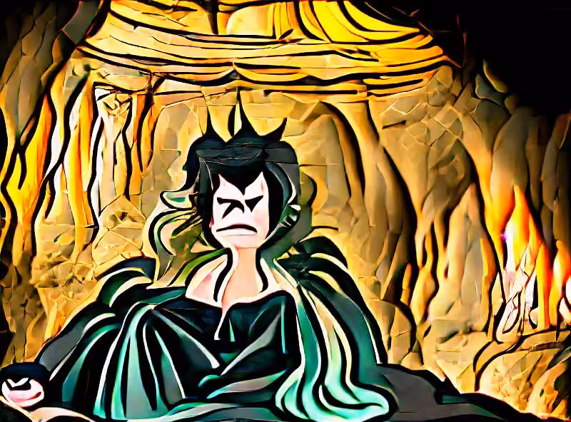 Abraham's First Works: Angry Demeter Melaina wearing a black robe sitting in a cave