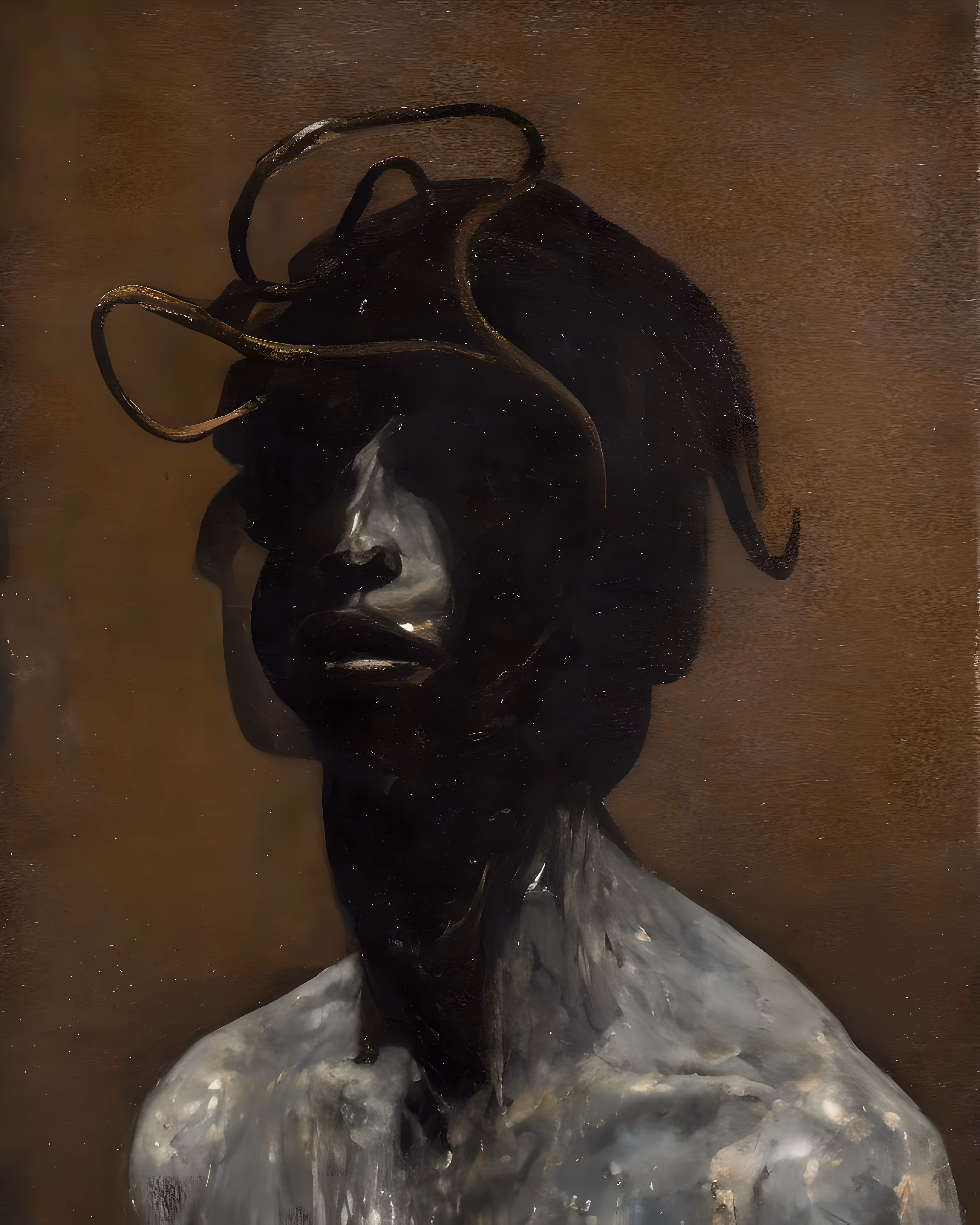 "Gray Murmur: Portrait of a Man with a Gorgonian Creature on His Head"