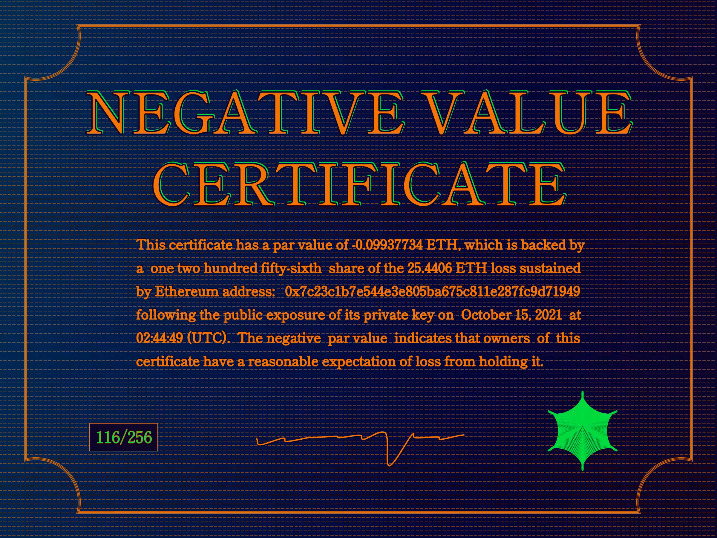 Negative Value Certificate #116 of 256