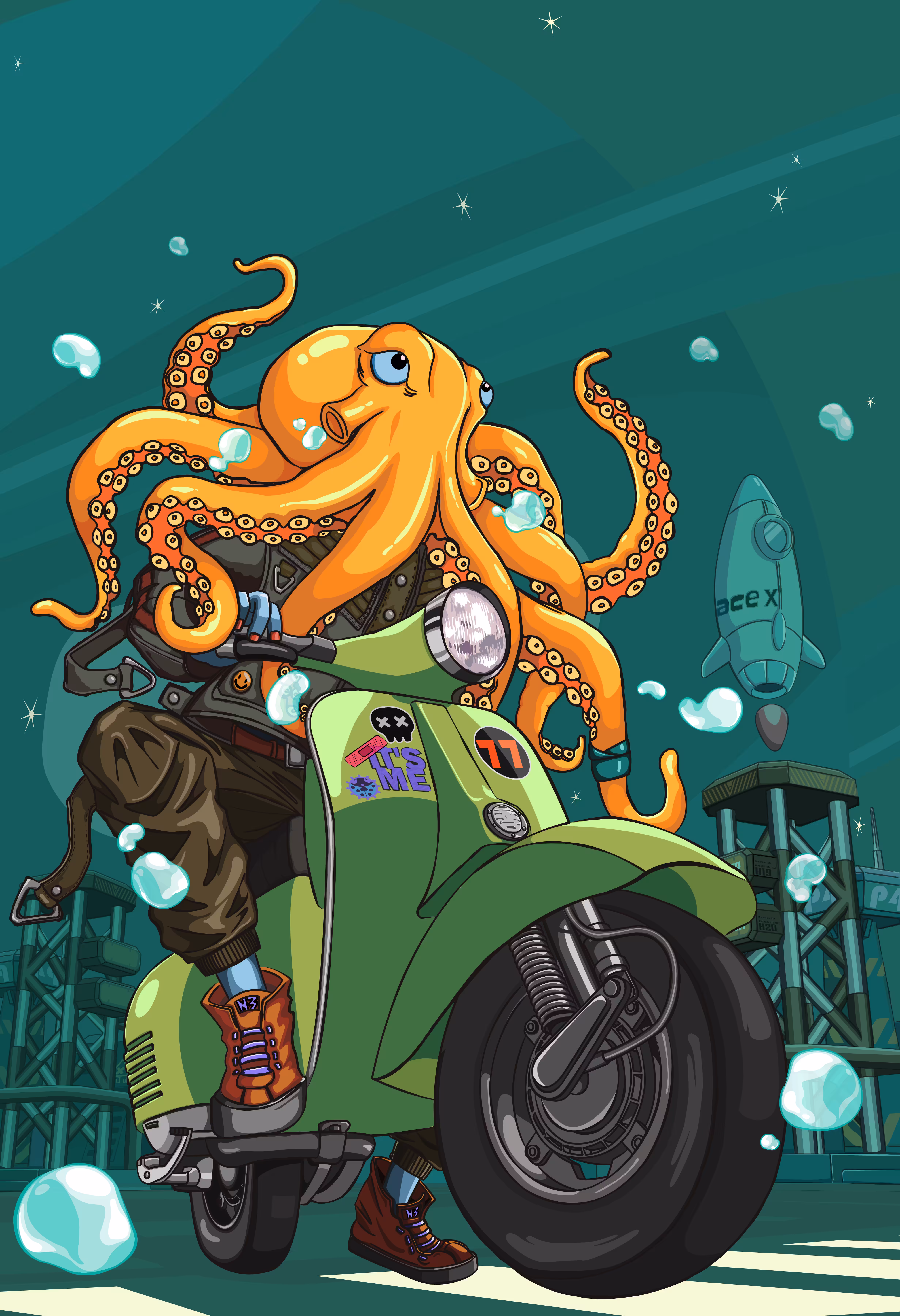 An octopus riding a scooter