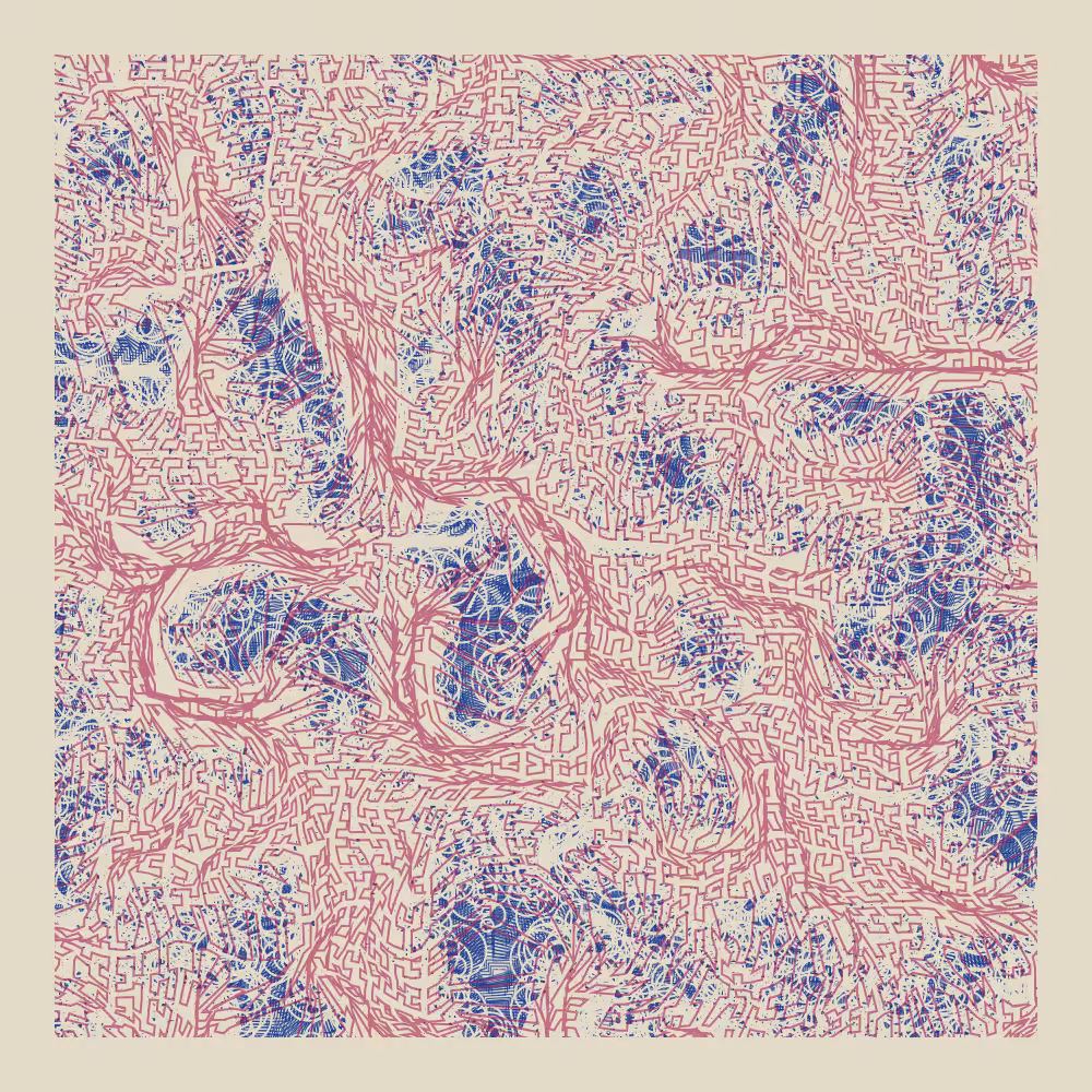 Different... 2026: Hilbert curve & flow field experiment sketch (red+blue)