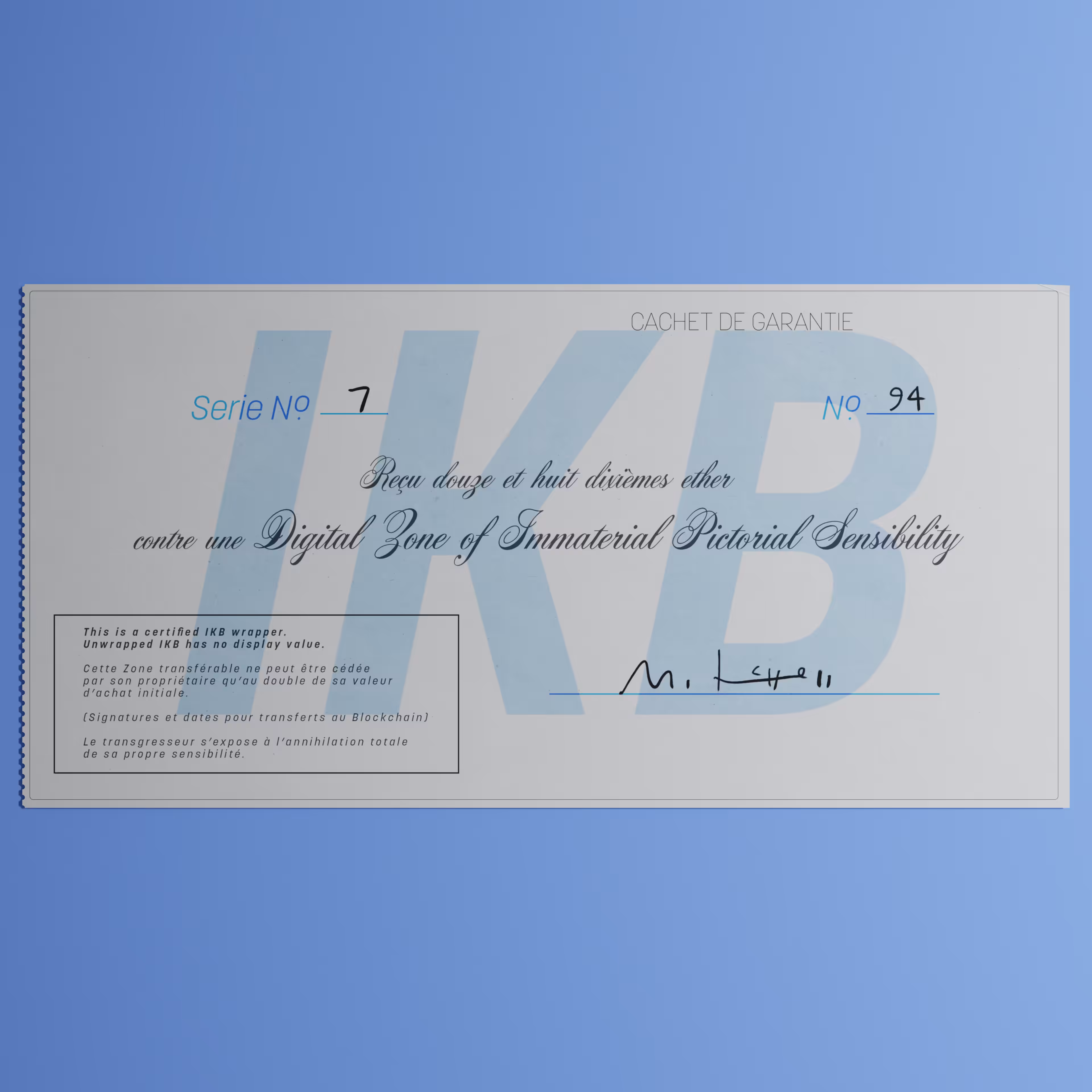 Digital Zone of Immaterial Pictorial Sensibility, Series 7, Edition 94. (Wrapped)