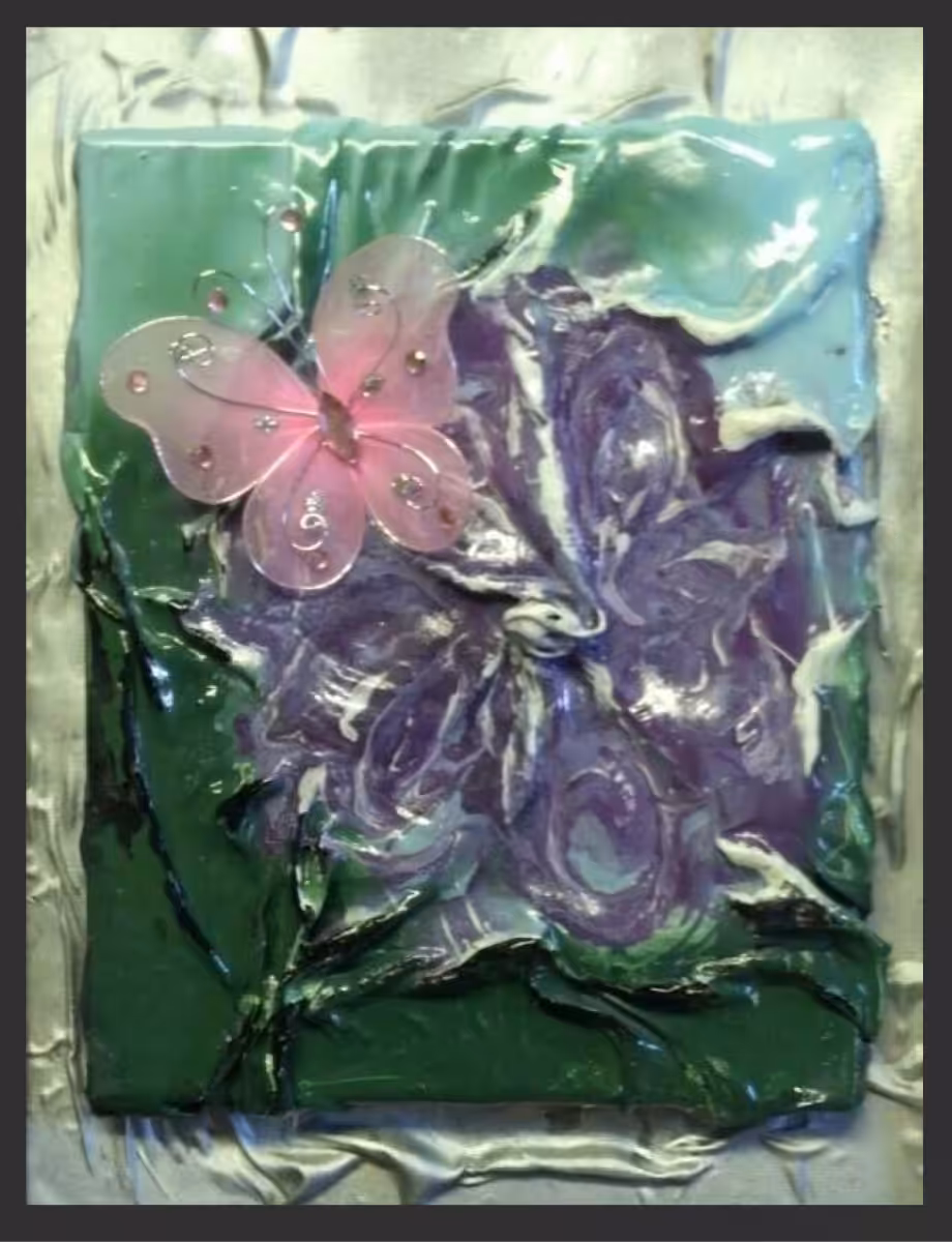 Figurative: Pink butterfly and purple flower