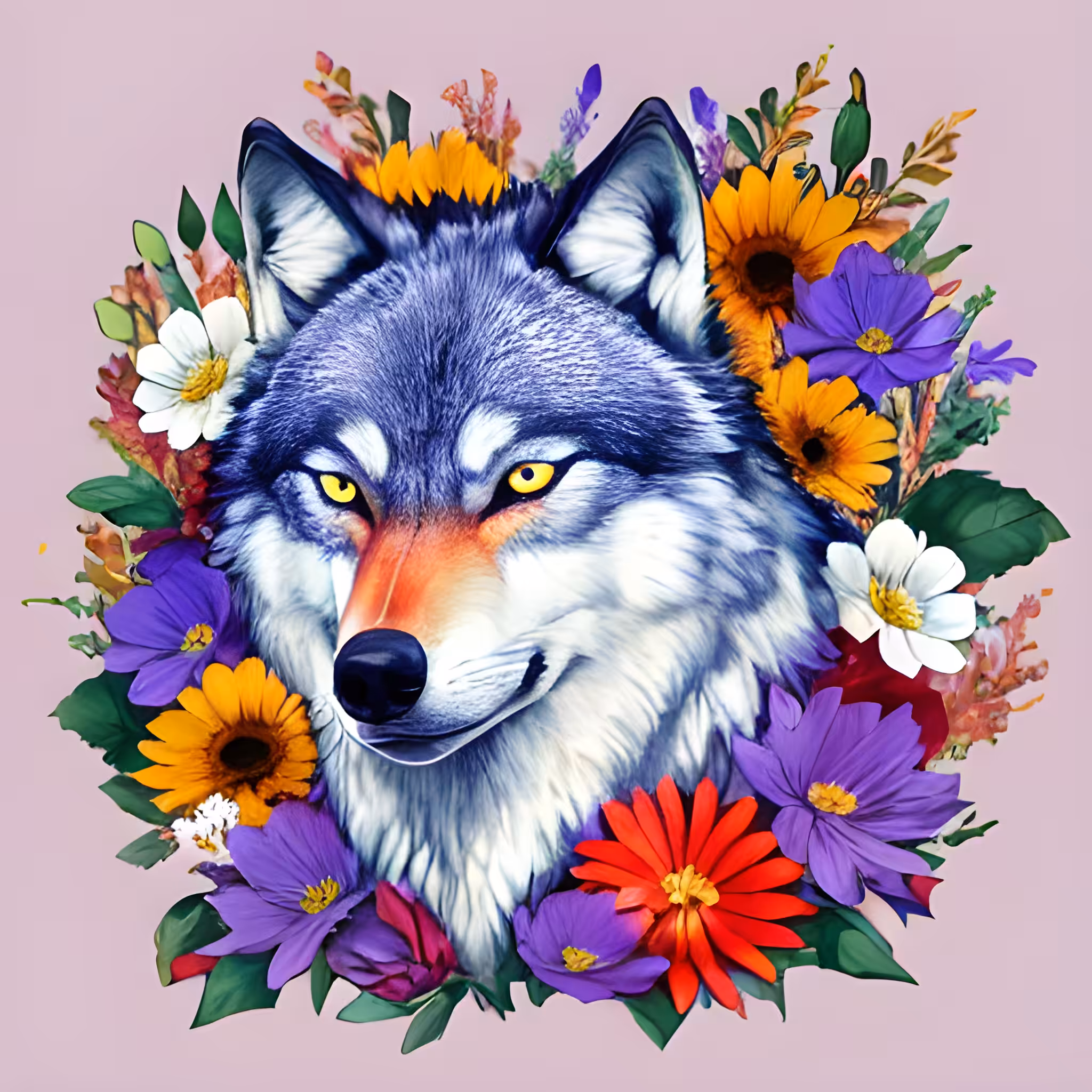 Colourful Wolf with Flowers