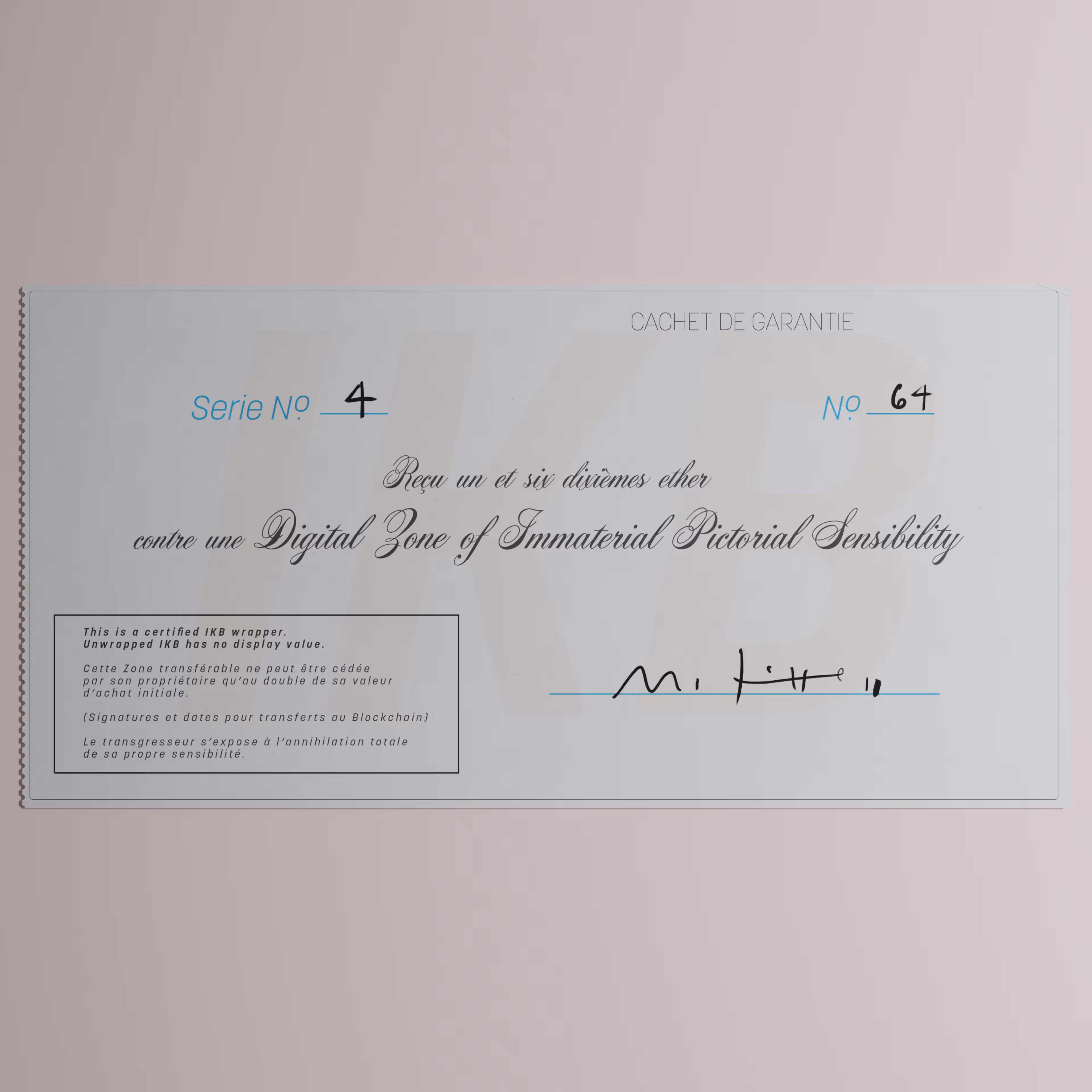 Digital Zone of Immaterial Pictorial Sensibility, Series 4, Edition 64. (Wrapped)