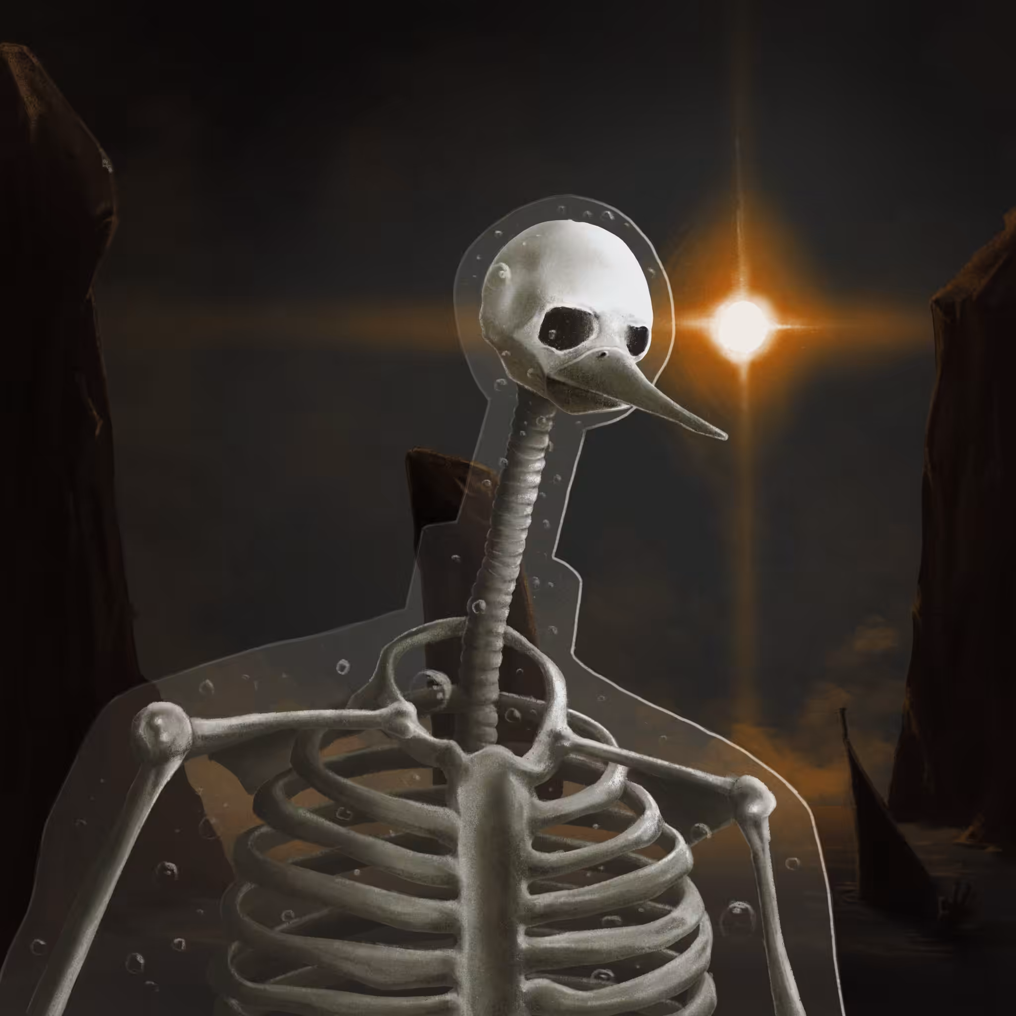 A duck dressed up in a bone costume for Halloween.