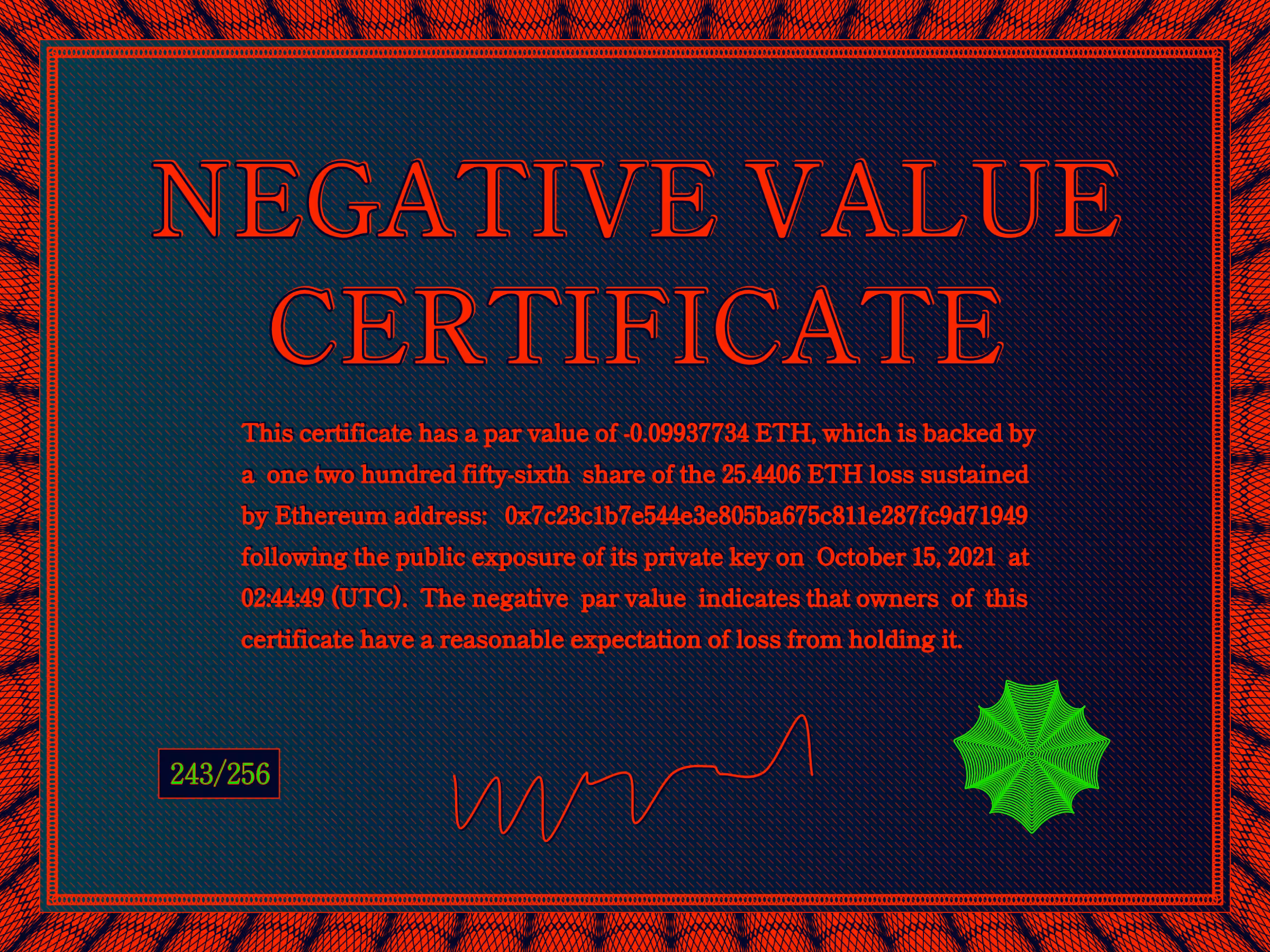 Negative Value Certificate #243 of 256