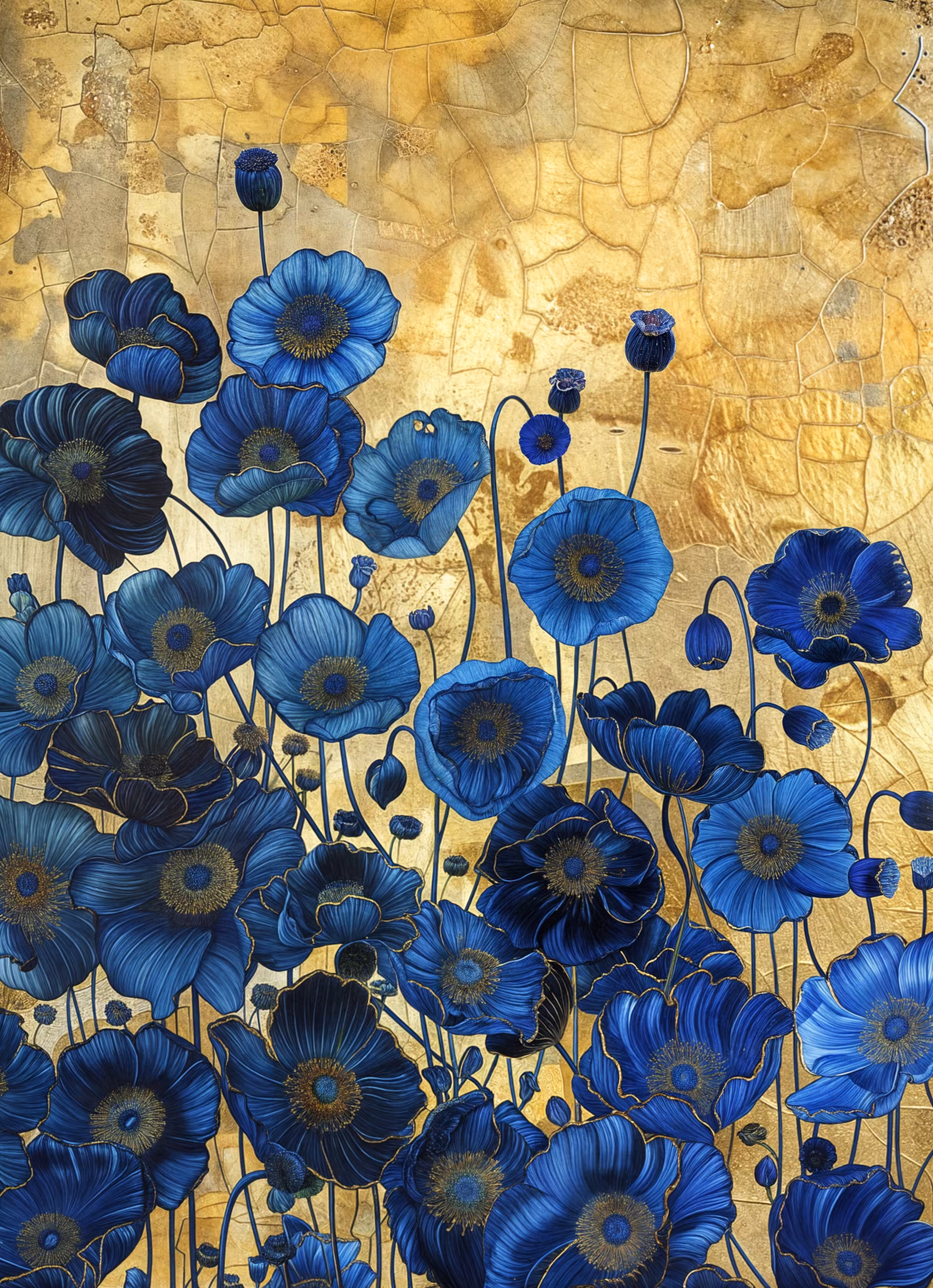Blue Poppies on Gold