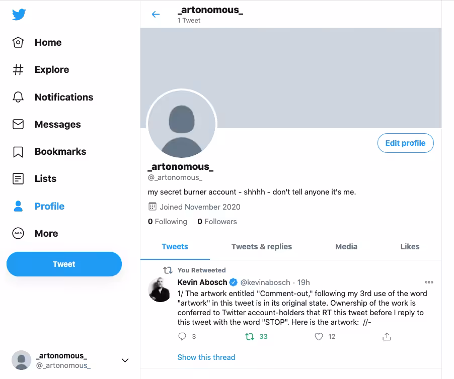 Proof of Ownership for Kevin Abosch's "Comment-out"