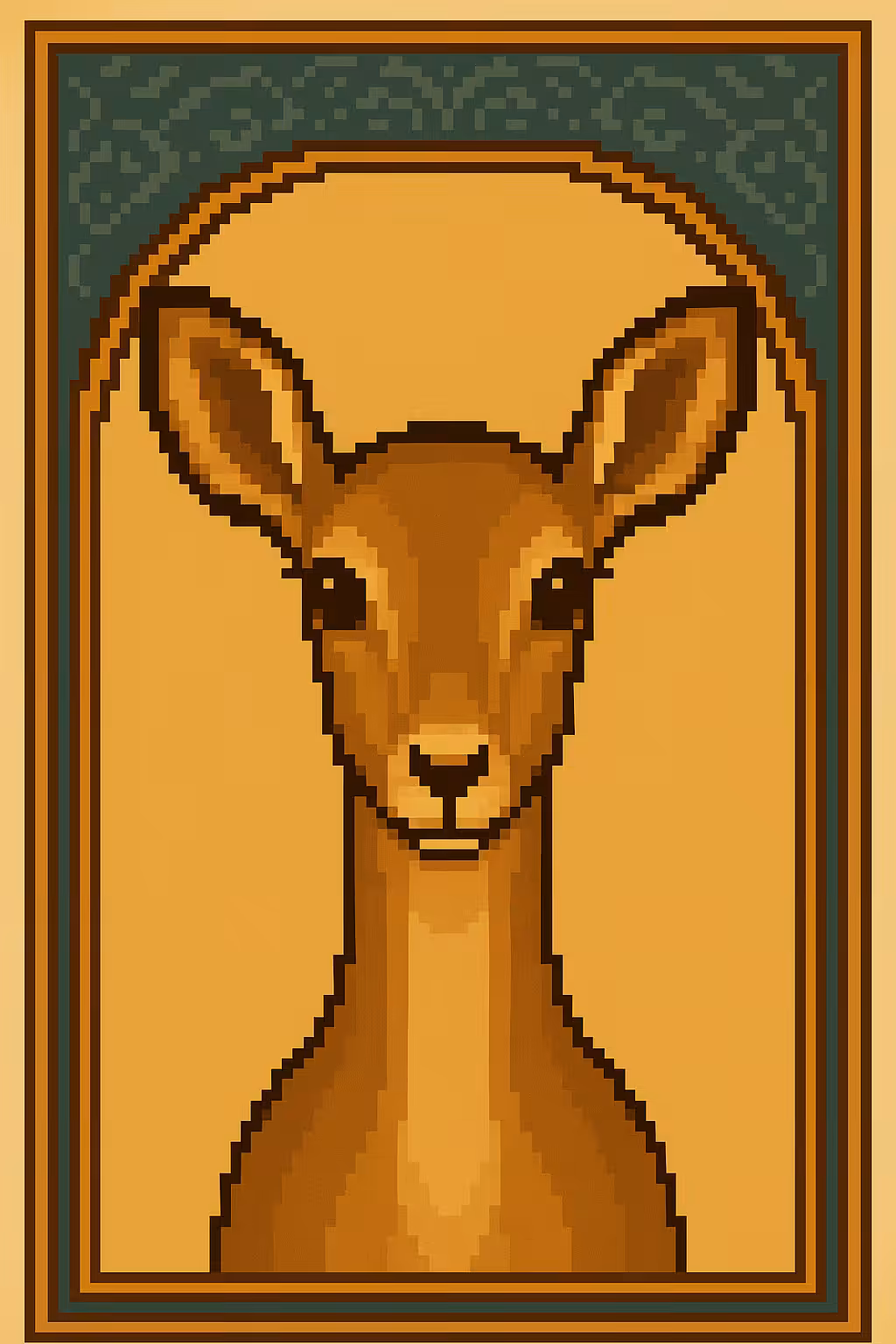A stylized Persian gazelle in warm gold tones, framed with traditional arch patterns. A pixel homage to beauty, fragility, and the sacred stillness of Iranian nature.