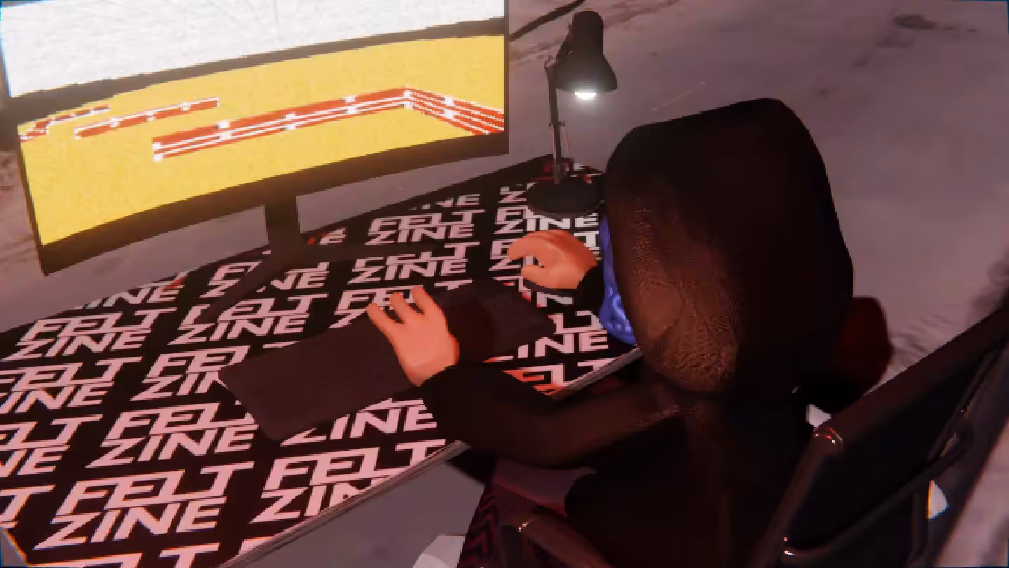 Desktop #157: The Hacker in the Black Slim Chair With a Desk Lamp and a Maze Monitor on a Felt Zine Table in Conflict
