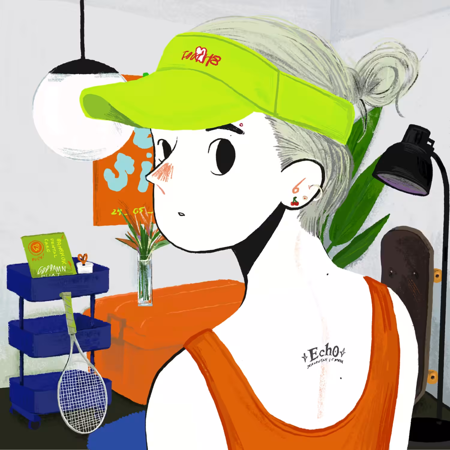 She is in the living room, Wearing her favorite visor - ichi