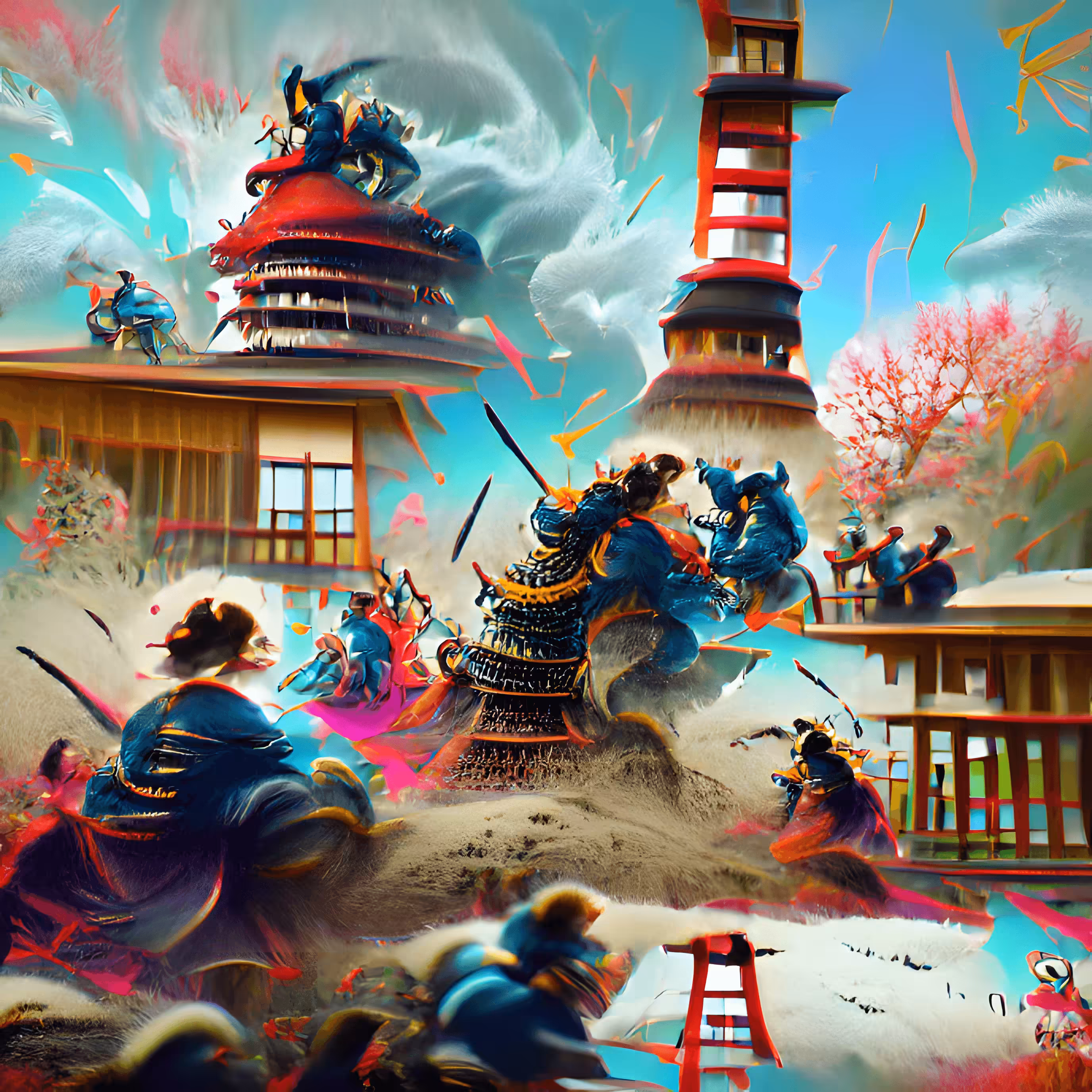 Samurai Battle at the Pagoda in the Style of Hokusai