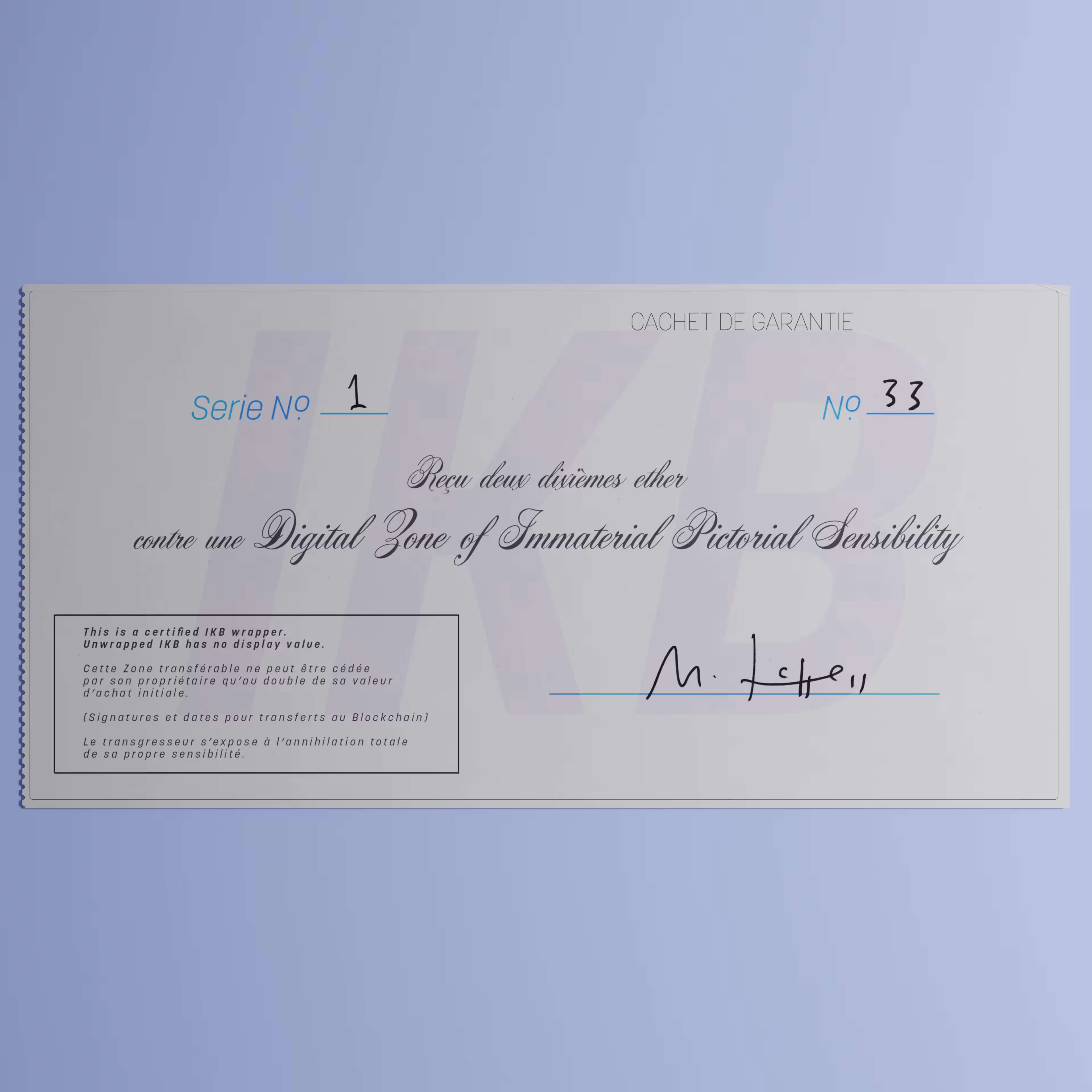 Digital Zone of Immaterial Pictorial Sensibility, Series 1, Edition 33. (Wrapped)
