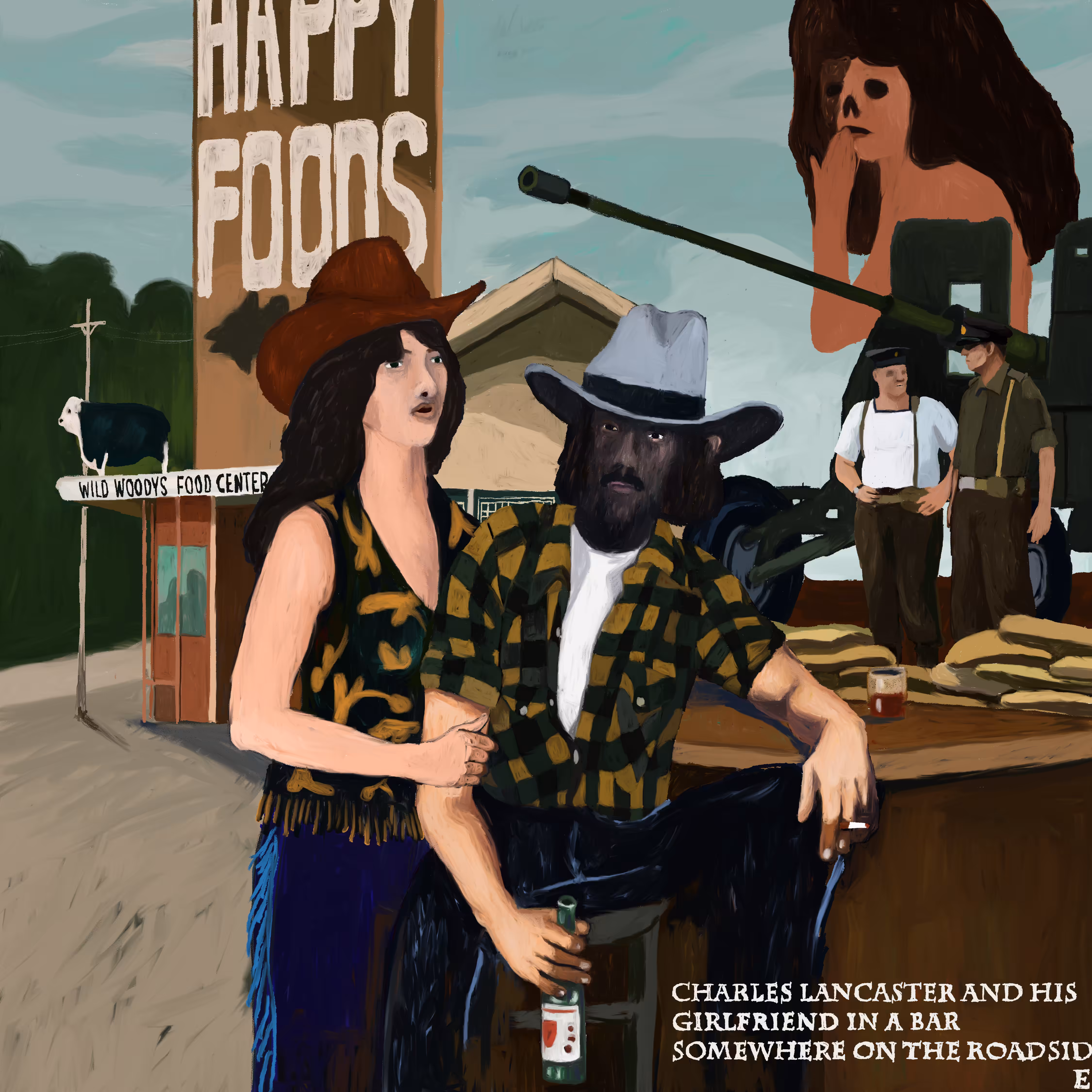Charles Lancaster and his girlfriend in a bar somewhere on the roadside