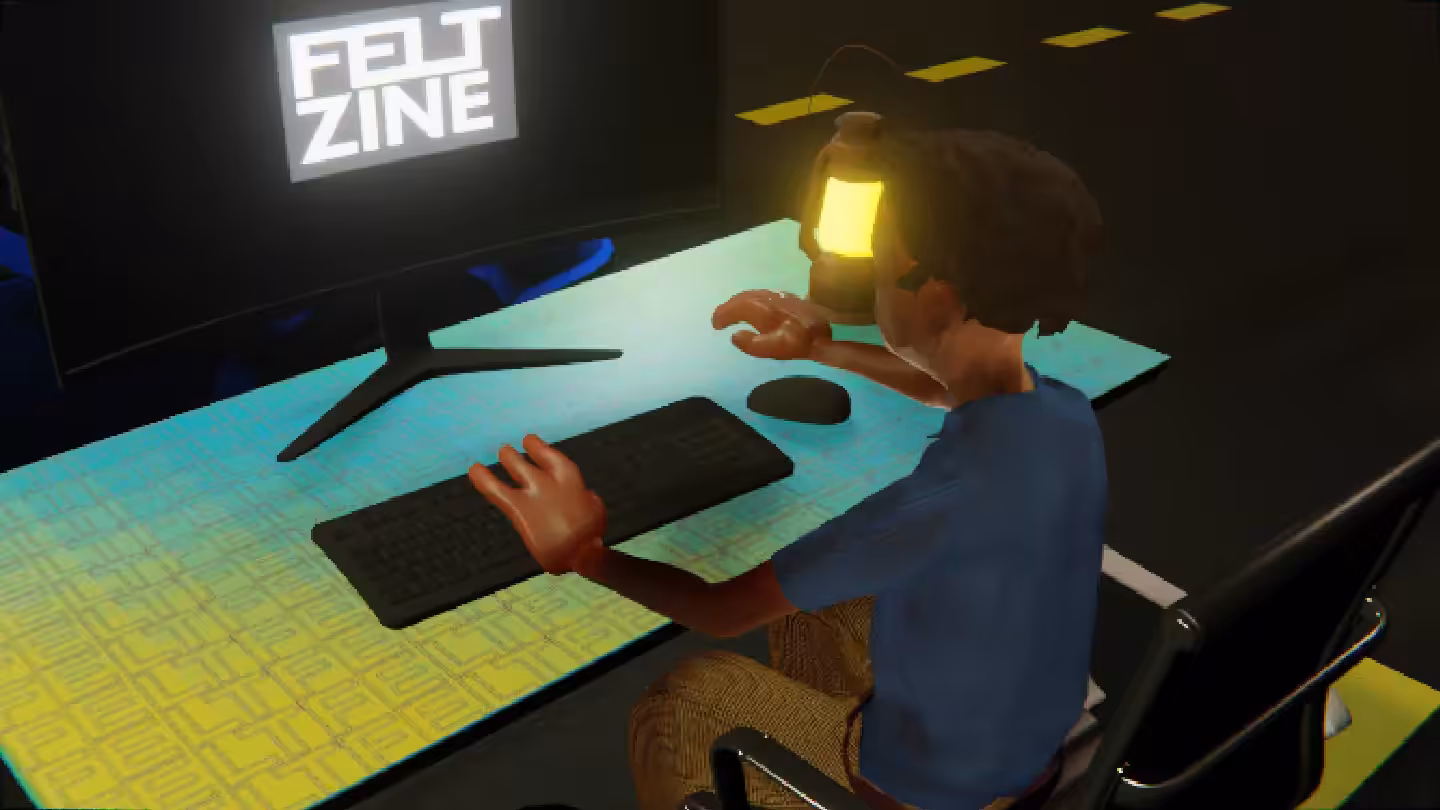 Desktop by Felt Zine: Desktop #188: The Developer in the Black Slim Chair With a Gas Lamp and a Old School Monitor on a Green FELT Zine Table in The Streets
