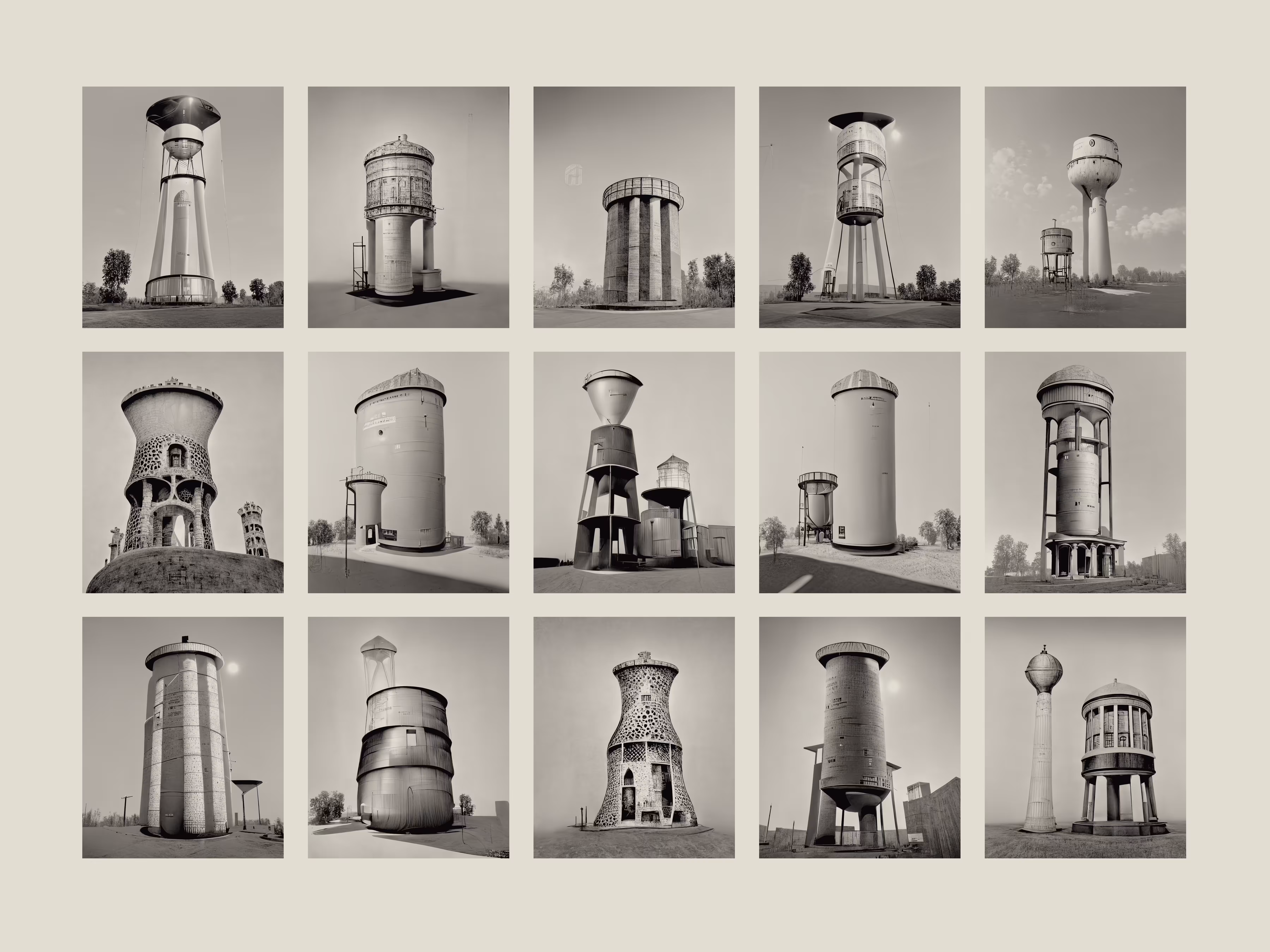 12A // Fifteen Attempts at Recreating Wassertürme (Water Towers) by Bernd and Hilla Becher