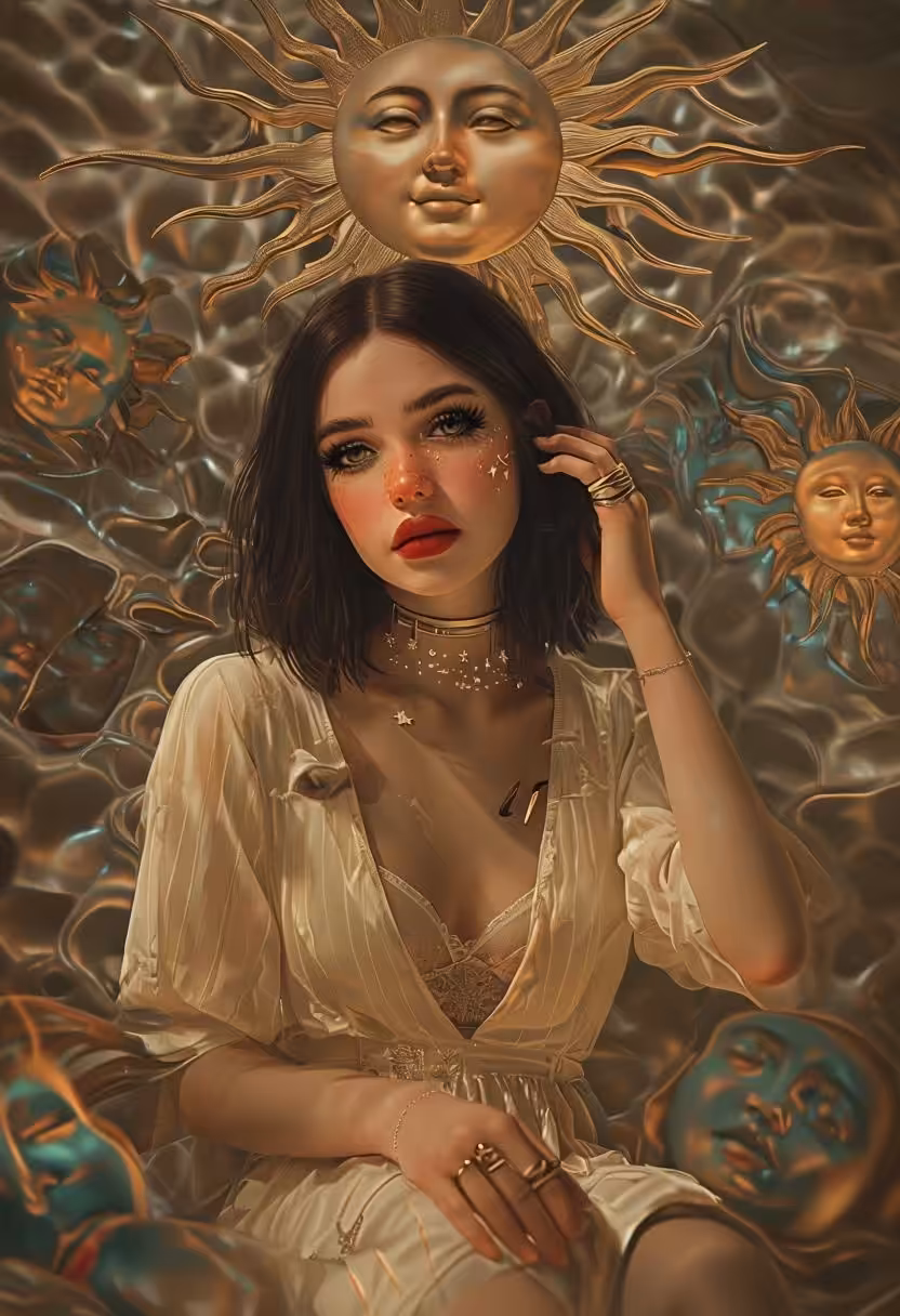 Surreal Digital Painting of a Contemplative Woman Surrounded by Ethereal Faces