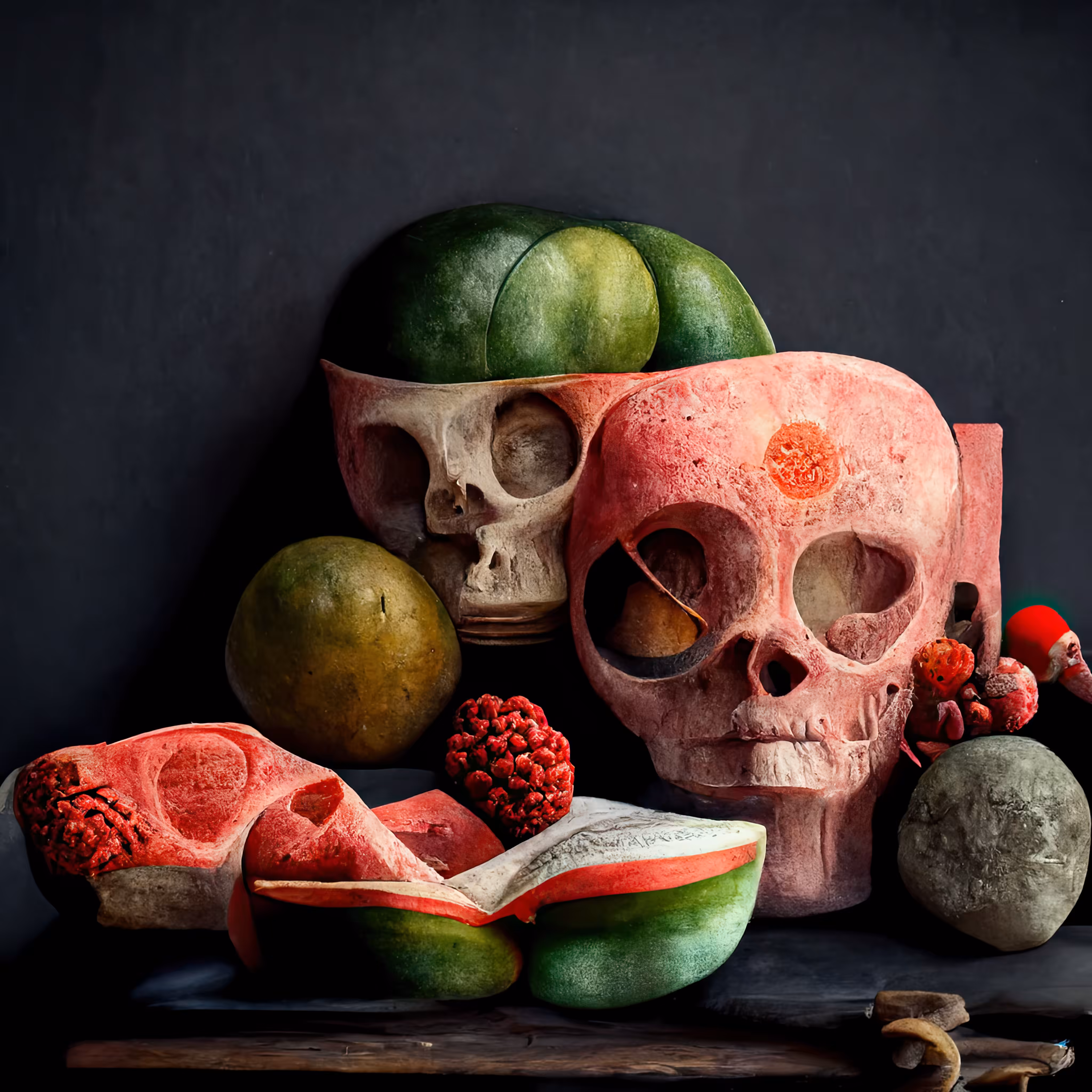 Still life with watermelons and skull. 004
