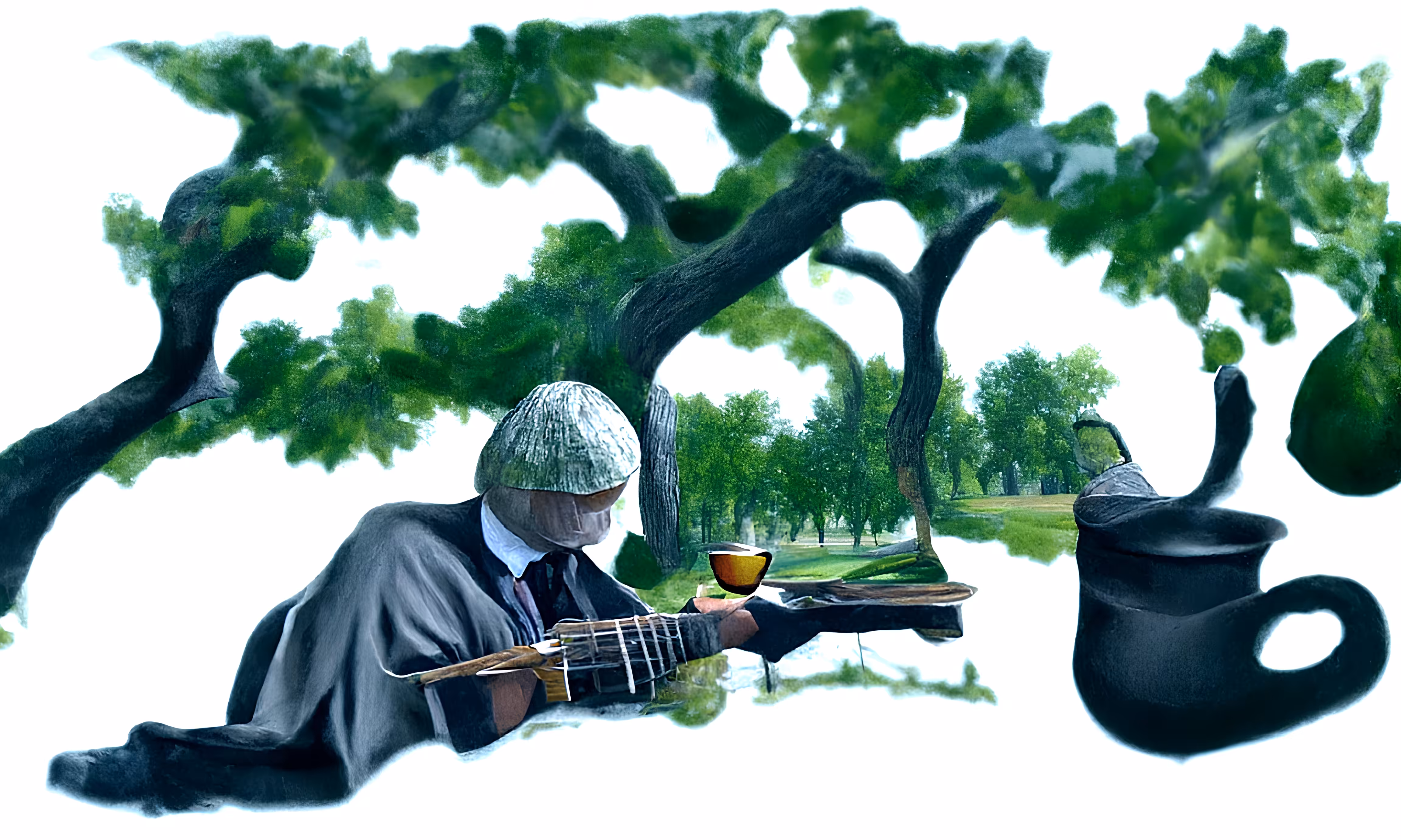 a man sitting under a tree, drinking a tea soup, playing the lute. (Frame #1)