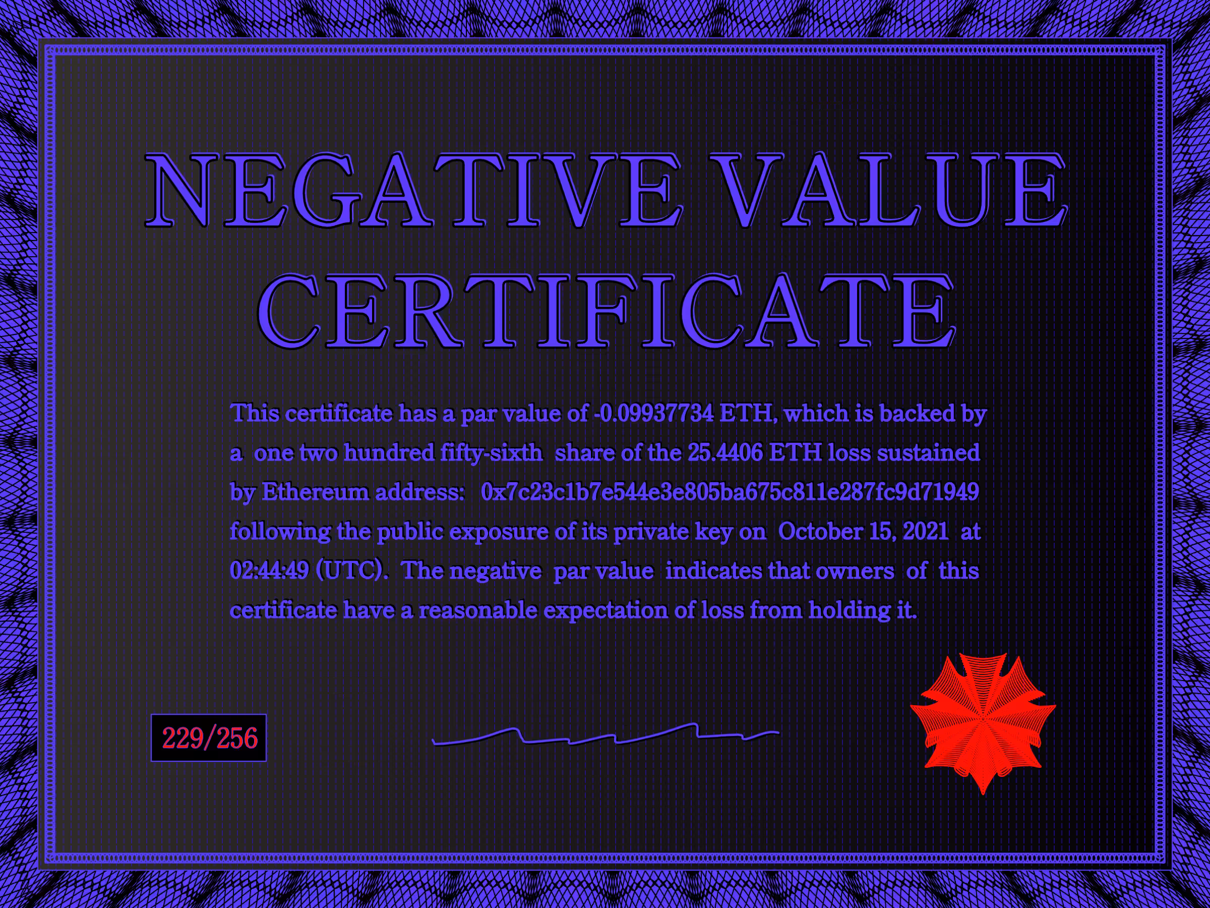 Negative Value Certificate #229 of 256
