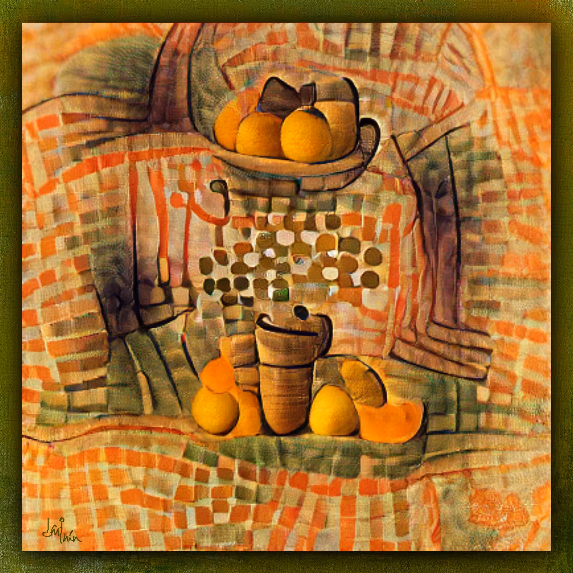 BODEGON CON NARANJAS, LIMONES, AJO Y JARRA DE VINO #1
