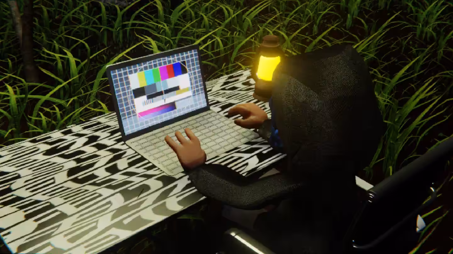 Desktop #280: The Hacker in the Black Slim Chair With a Gas Lamp and a Please Stand By Monitor on a Pattern Table in The Forest