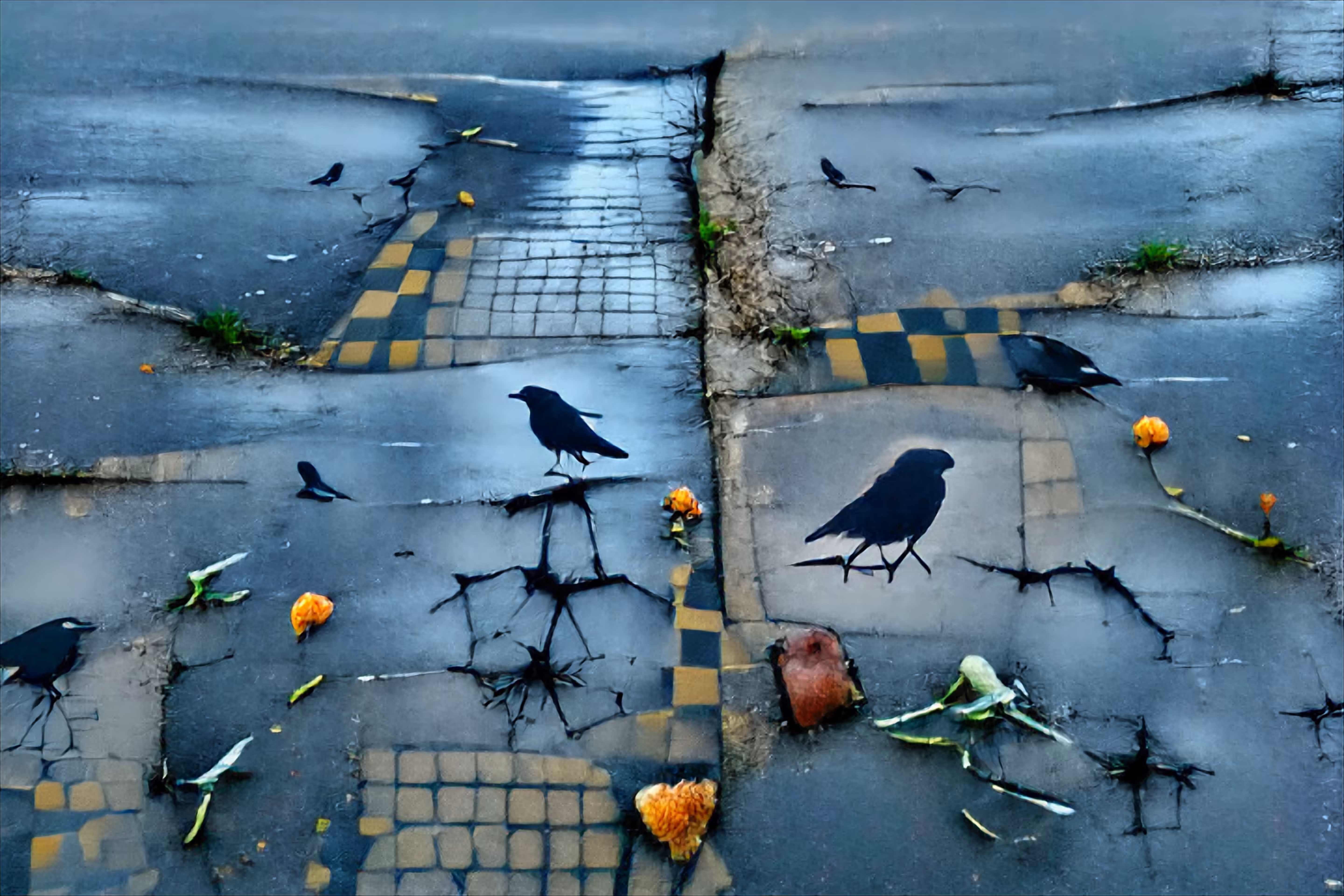 Loneliness, crows, broken pavements