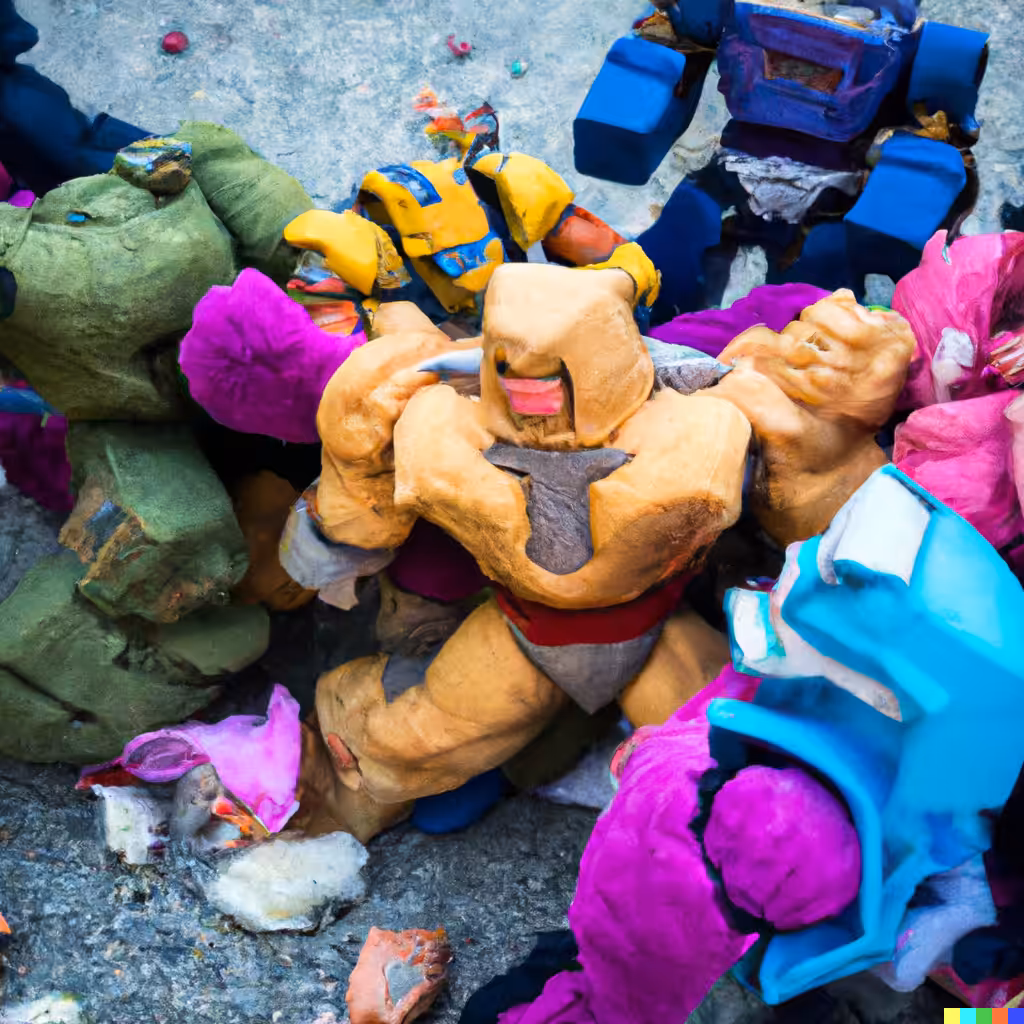 003-  Masters of the Universe, Transformers and G.I. Joe having a food fight in public, as plushies.