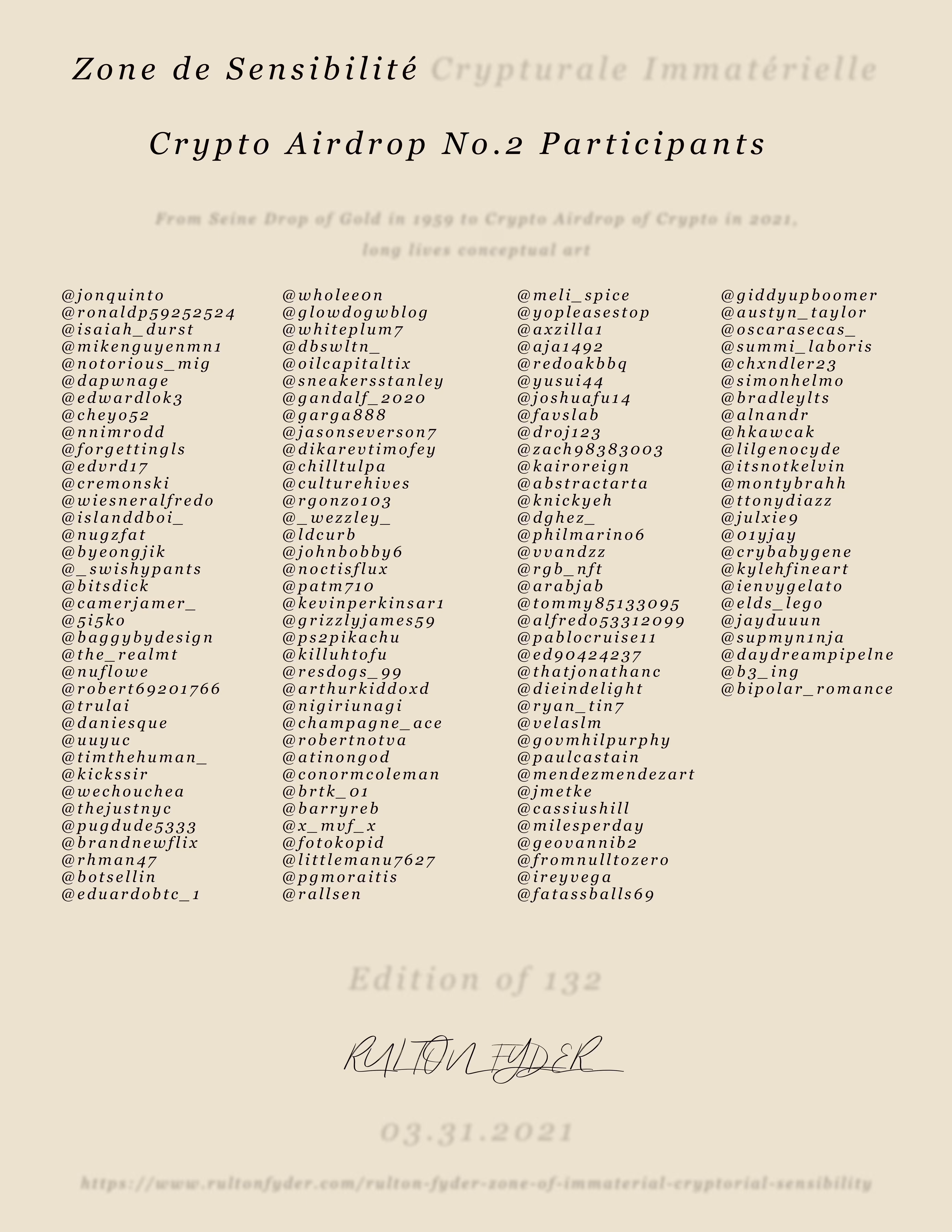 Immaterial Cryptorial Sensibility Crypto Airdrop No.2 Participants, 2021