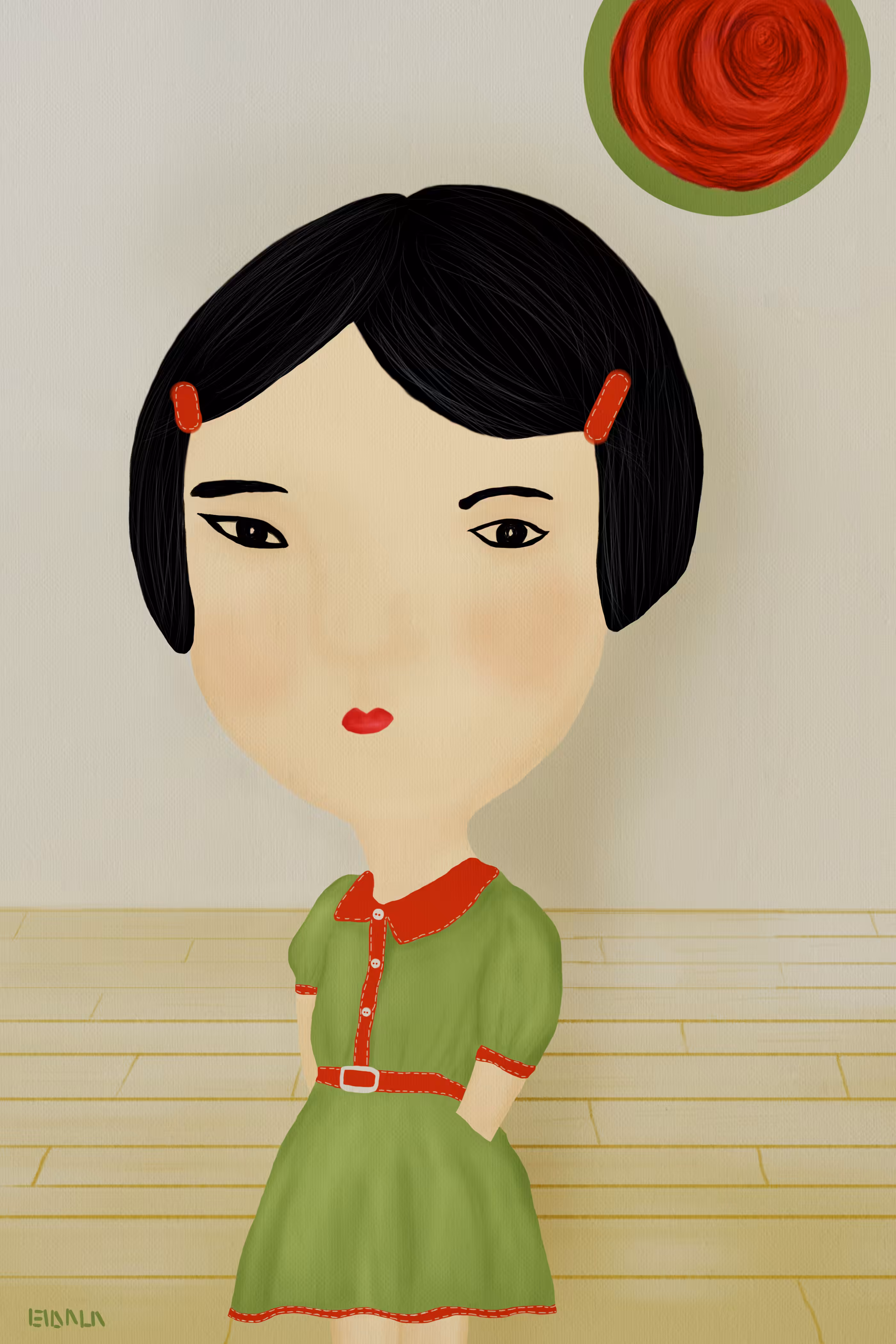 Rabbit girl in green red dress