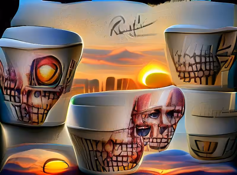 coffee cups and sunrise with a digital skull in the background