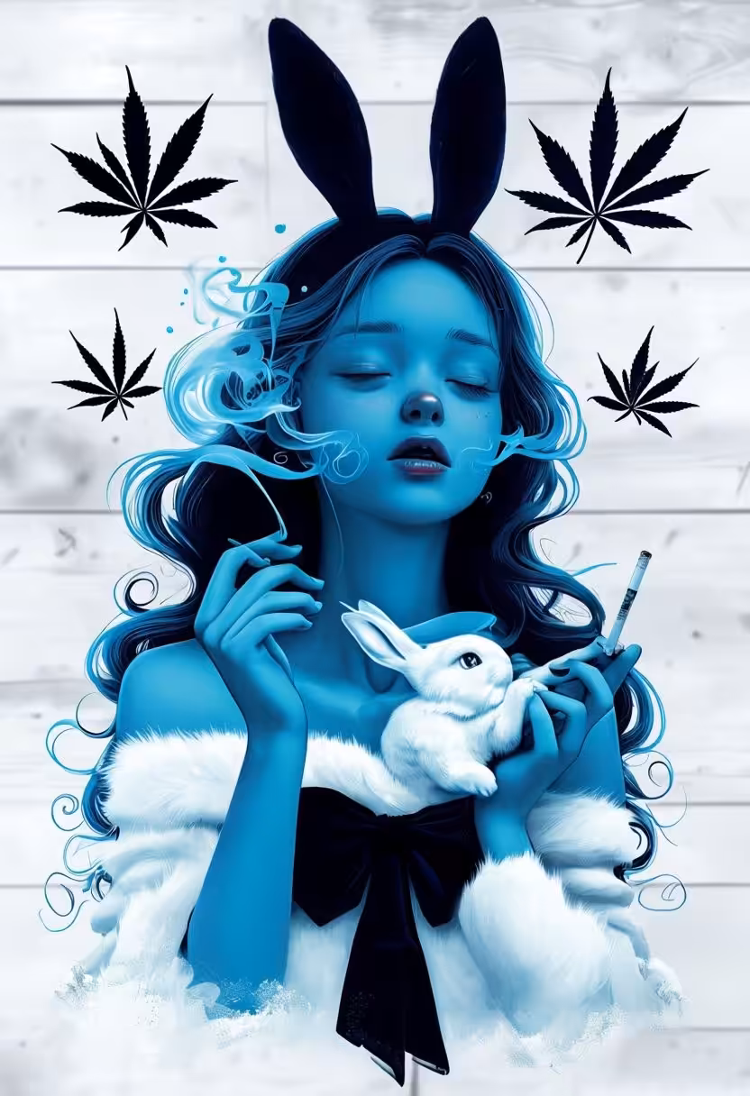 Surrealist Illustration of Woman with Bunny Ears and Rabbit