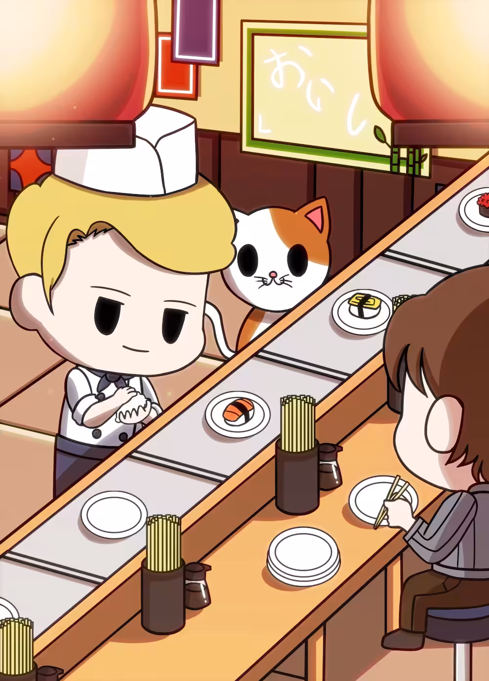 A cat in a sushi restaurant