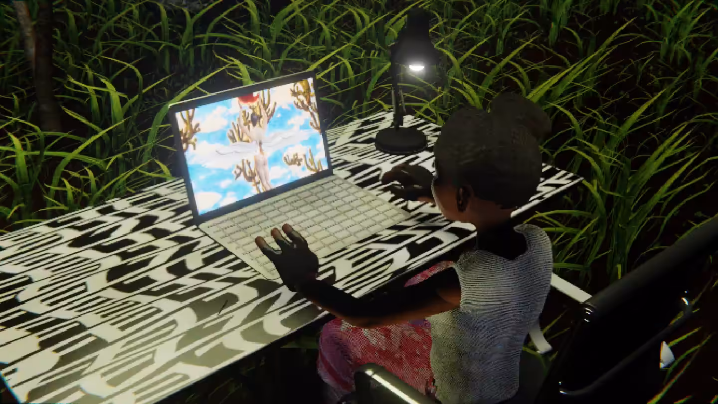 Desktop #173: The Military Brat in the Black Slim Chair With a Desk Lamp and a Gardens Monitor on a Pattern Table in The Forest