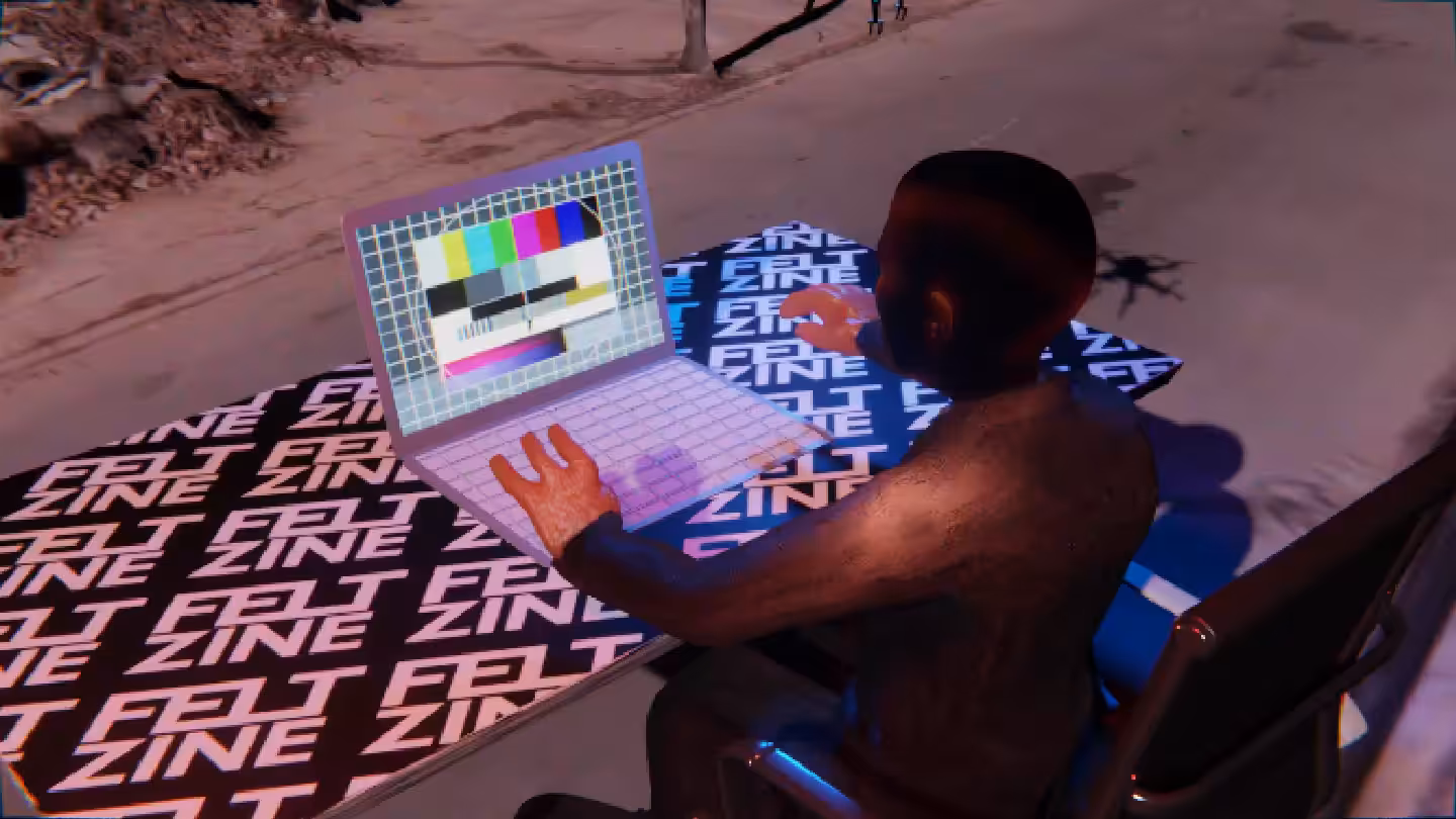 Desktop by Felt Zine: Desktop #214: The Business in the Black Slim Chair With a Drone and a Please Stand By Monitor on a Felt Zine Table in Conflict
