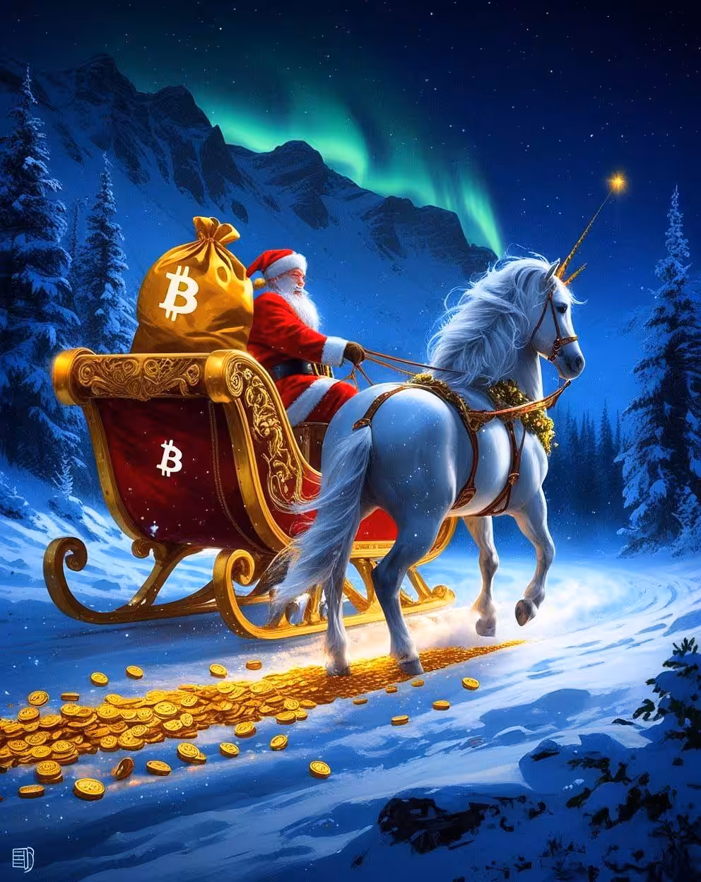 Santa Claus is coming with a bag full of Bitcoin coins 
