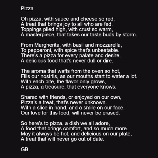 Pizza

Oh pizza, wit...