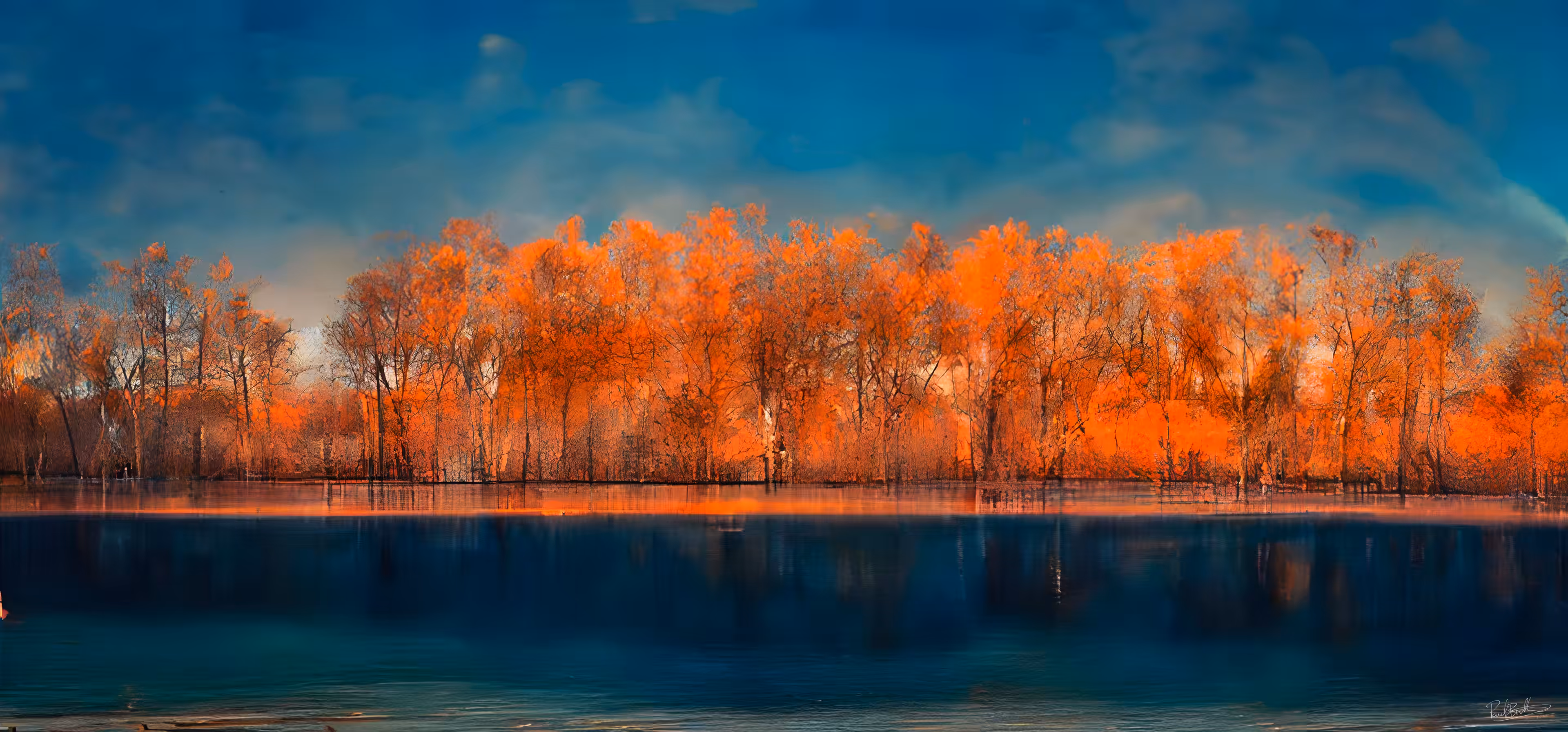 Orange blossom trees across a dark still lake