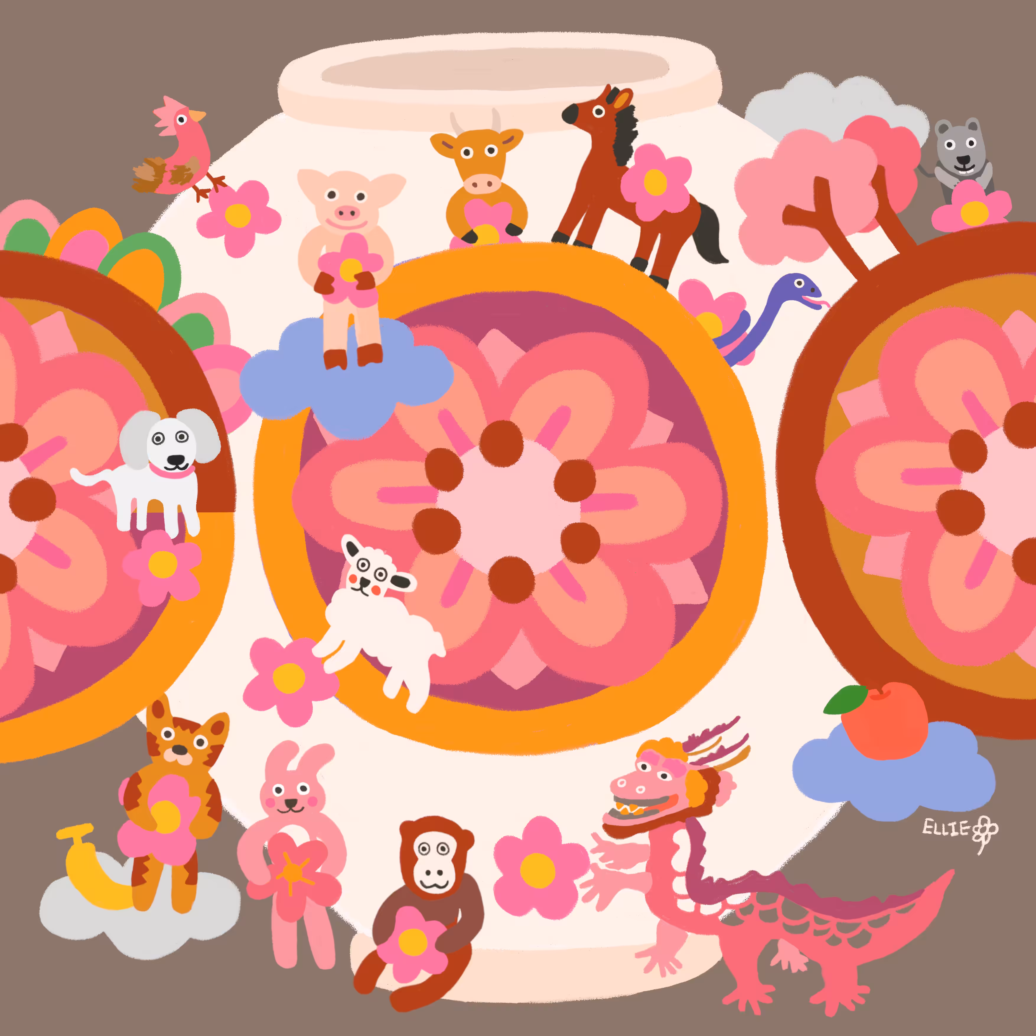 Animal friends in the flower moon jar