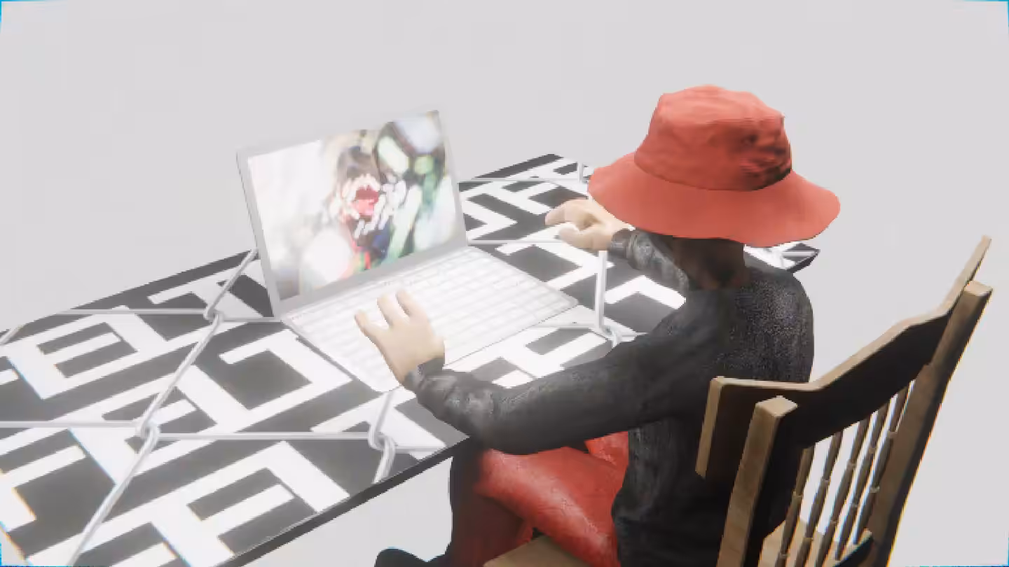Desktop by Felt Zine: Desktop #208: The Hypebeast in the French Wood Chair With a Hanging Light and a Algo Lite Macbook on a Barbed Wire Table in The Void