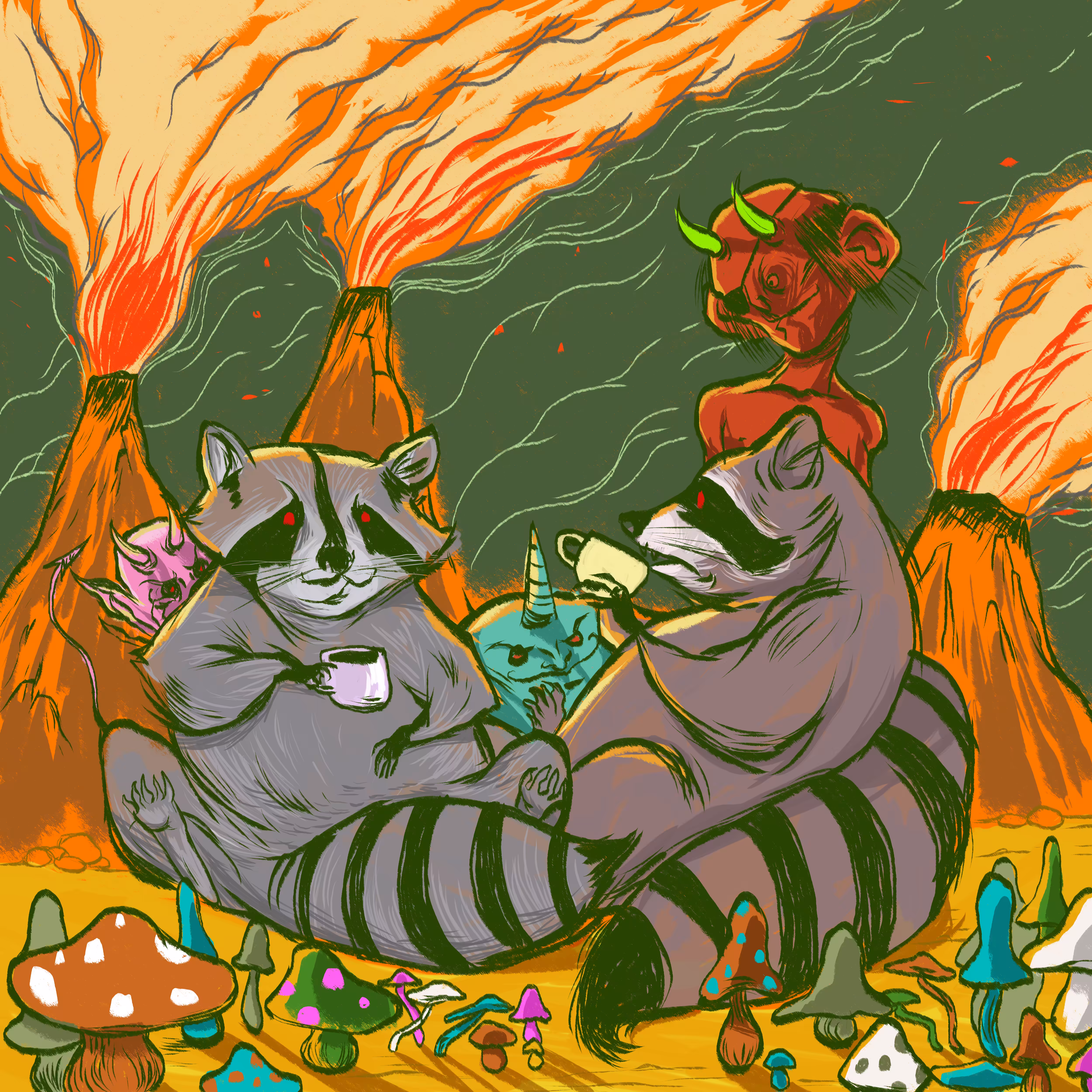 Two racoons sipping tea in hell