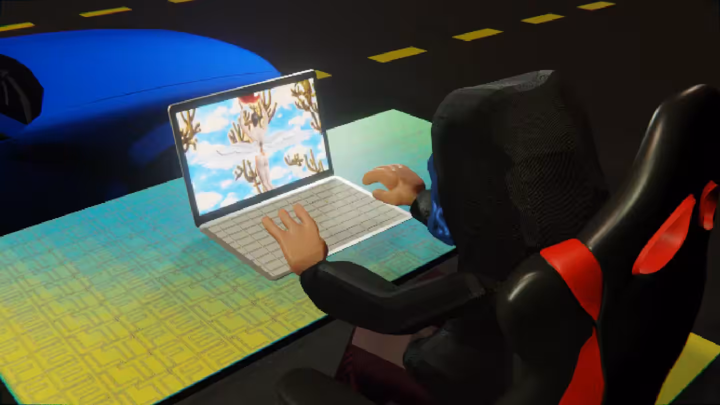 Desktop #68: The Hacker in the Gaming Chair With a Hanging Light and a Gardens Monitor on a Green FELT Zine Table in The Streets