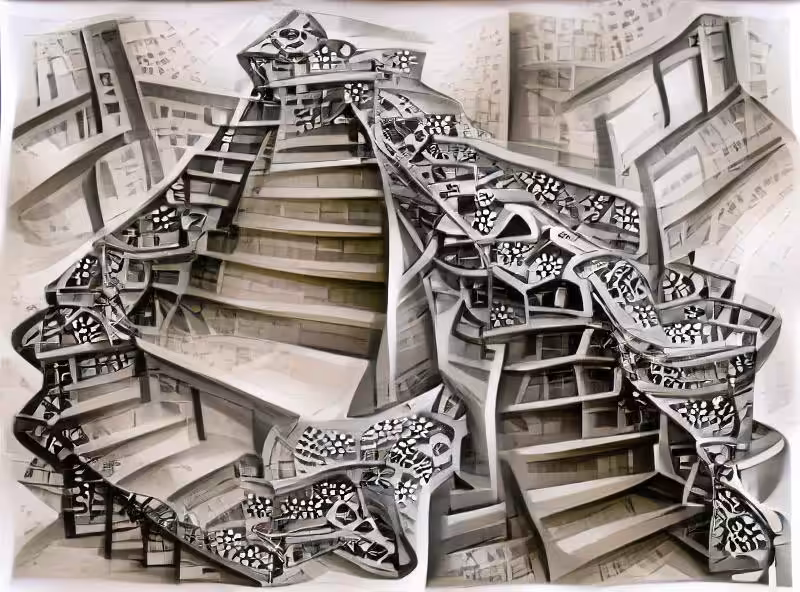 A drawing of staircases made in a style combining Escher and Piranesi