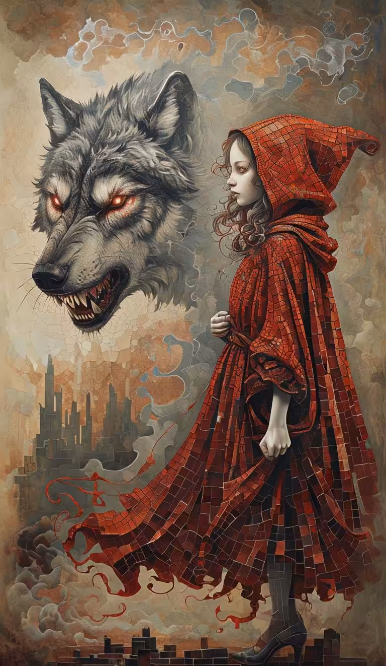 Gothic Illustration Of Little Red Riding Hood And A Wolf
