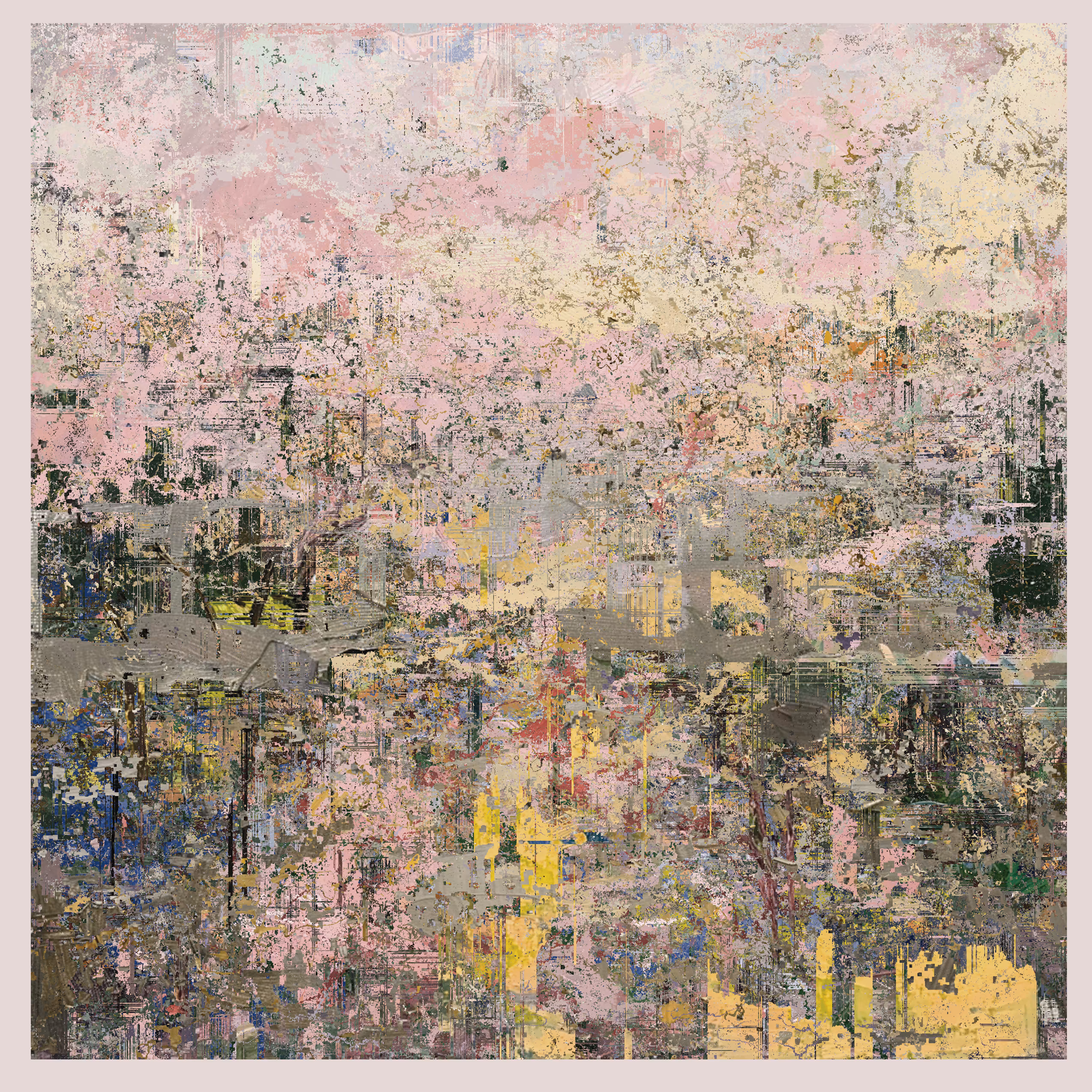 Meta-scapes: pink, lavender hues delicate upper, visual energy, fragile invites interpretations—chaos/human familiarity:
