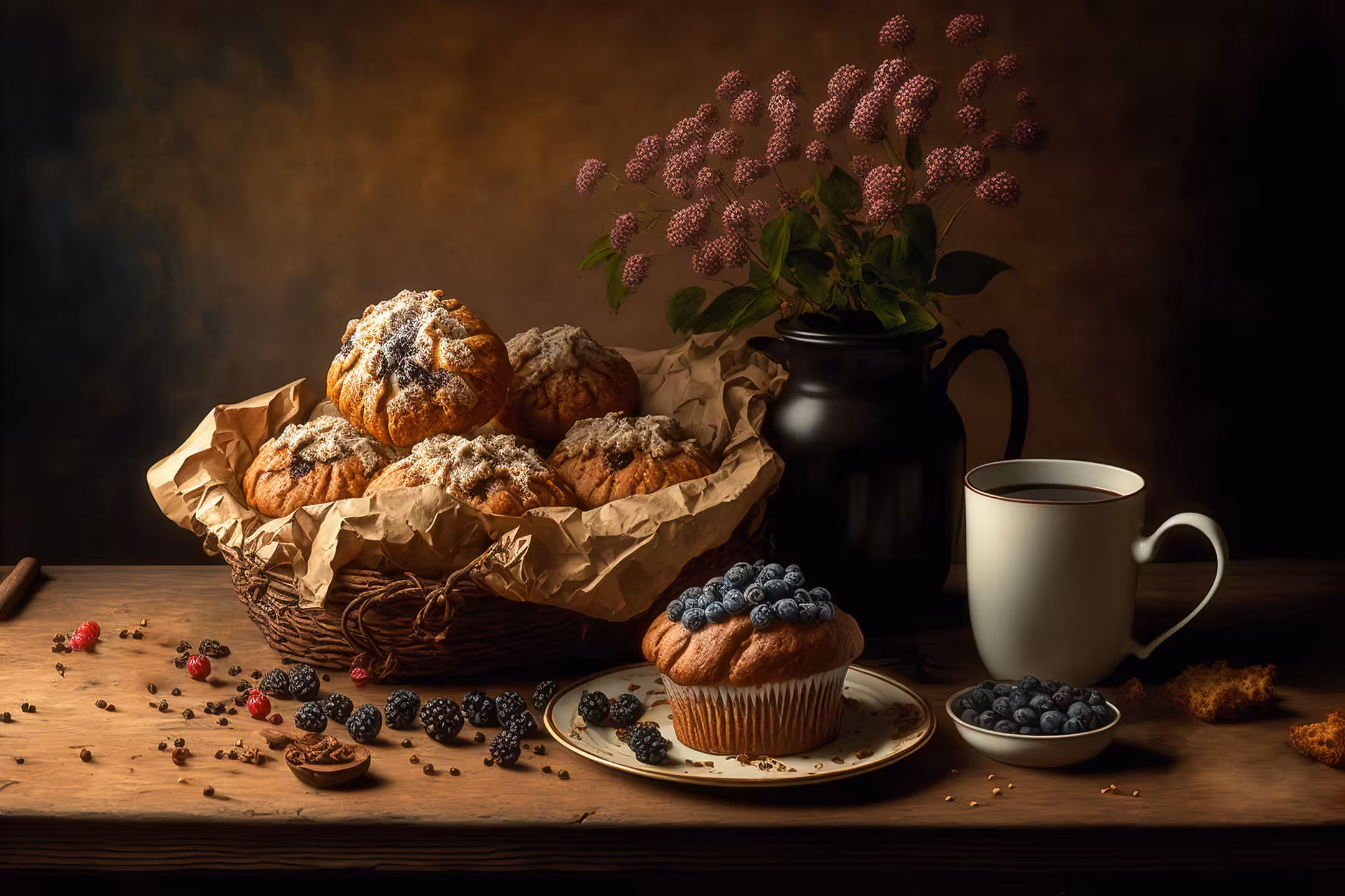 Muffins, berries and coffee