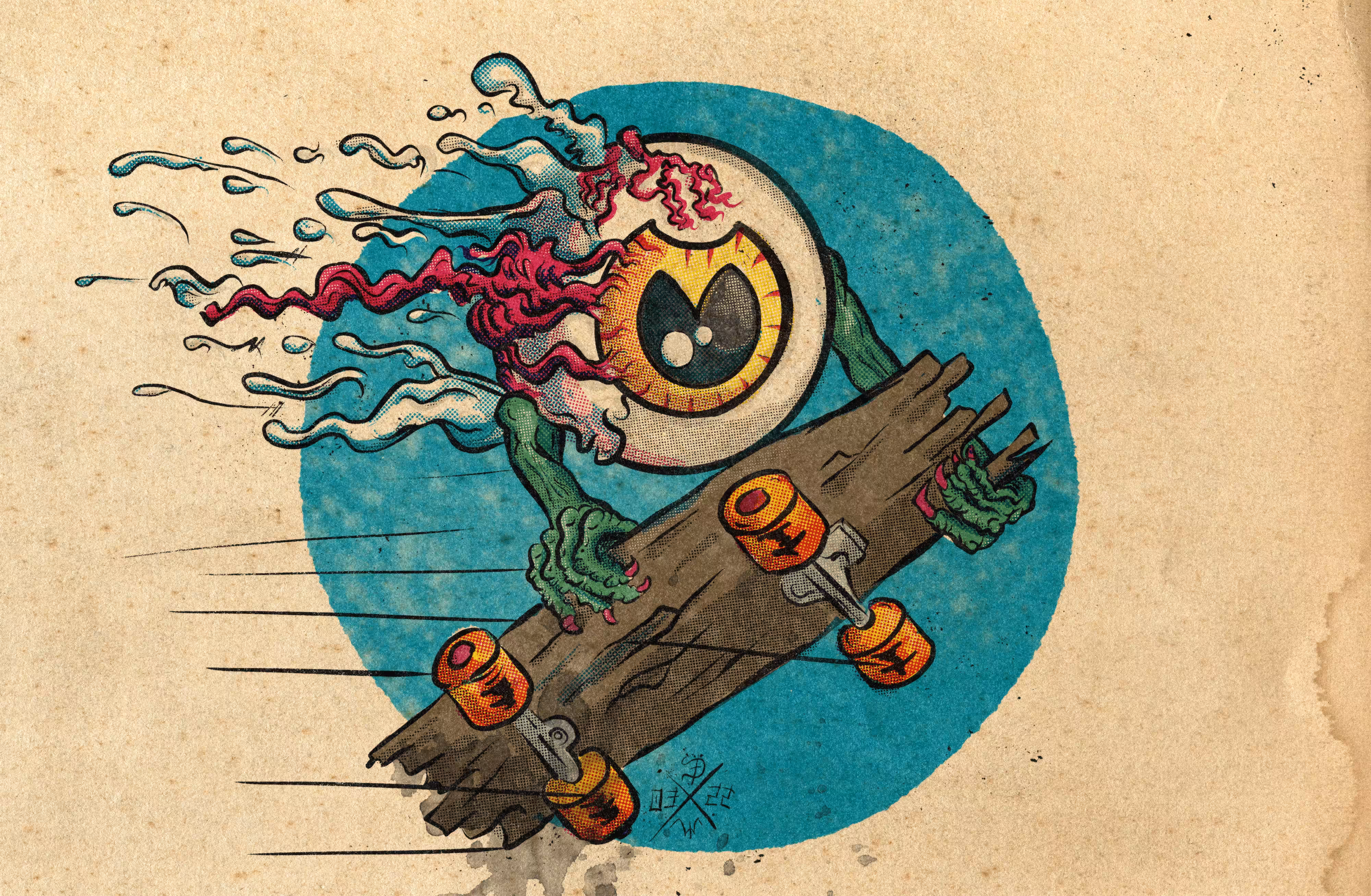 Flying eyeball with wooden skateboard