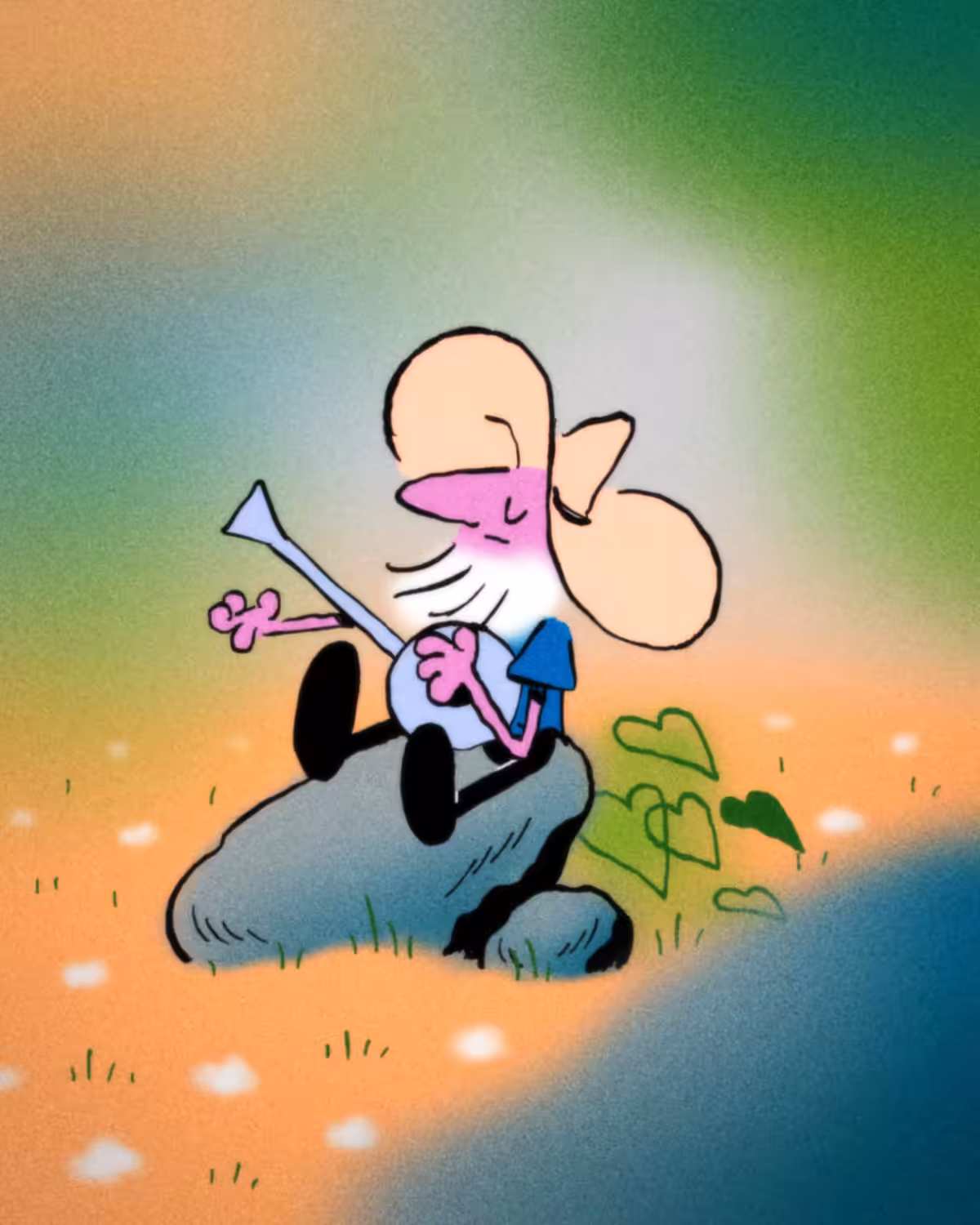 A man playing his guitar in a quiet forest.